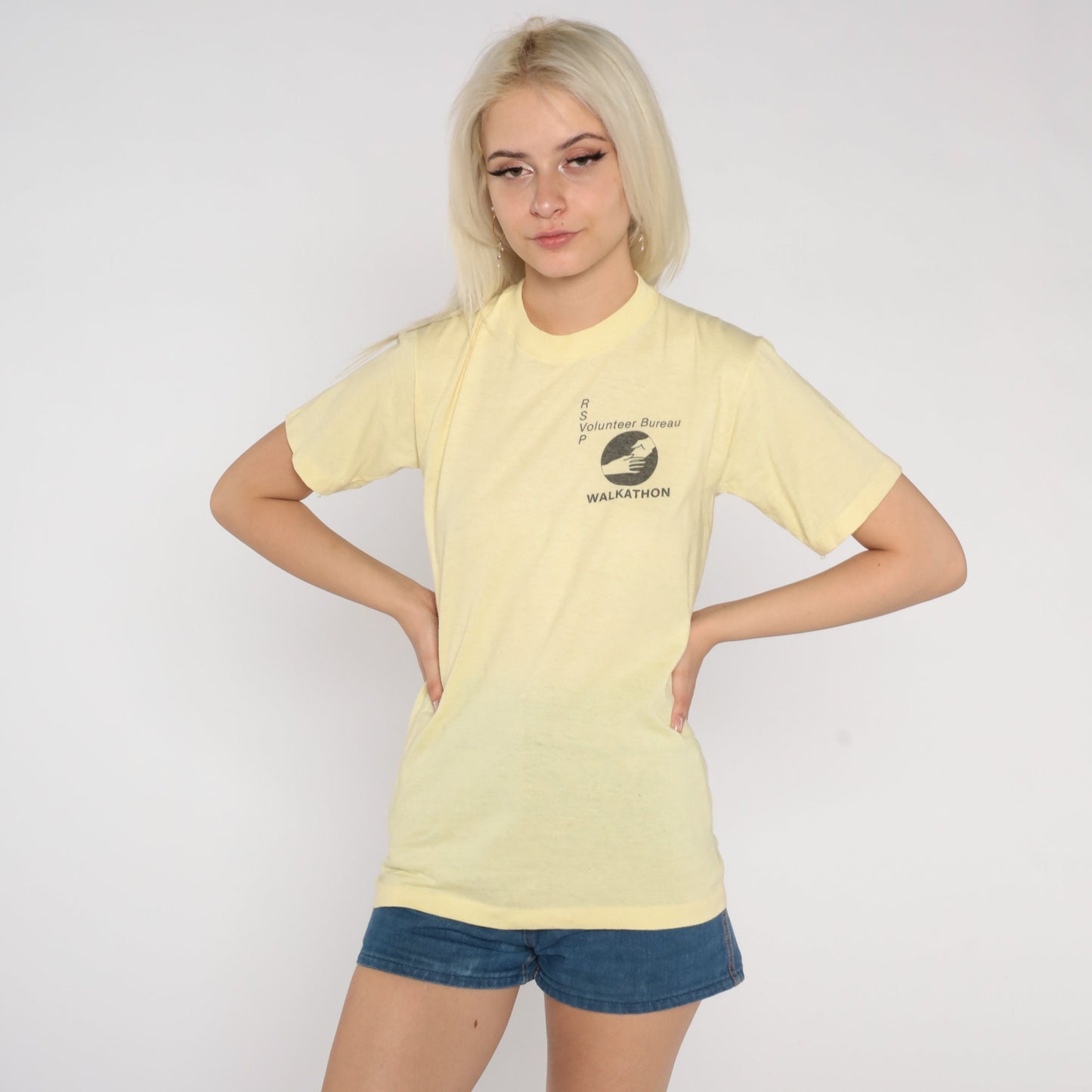 80s RSVP Walkathon Volunteer Bureau Graphic T-Shirt Pastel Yellow Small