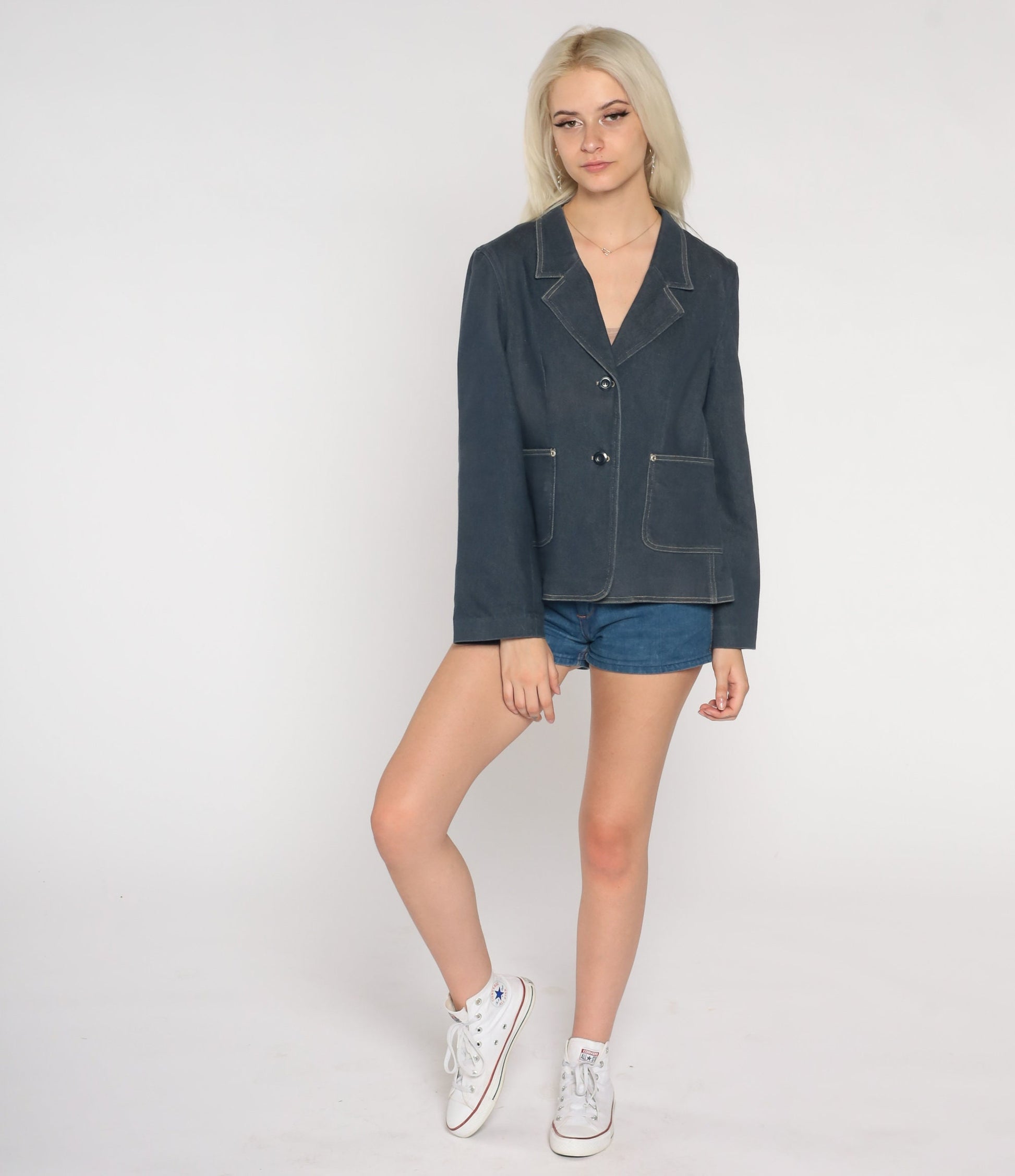 90s Blue Stretch Denim Blazer Jacket Collared Button-Up Large