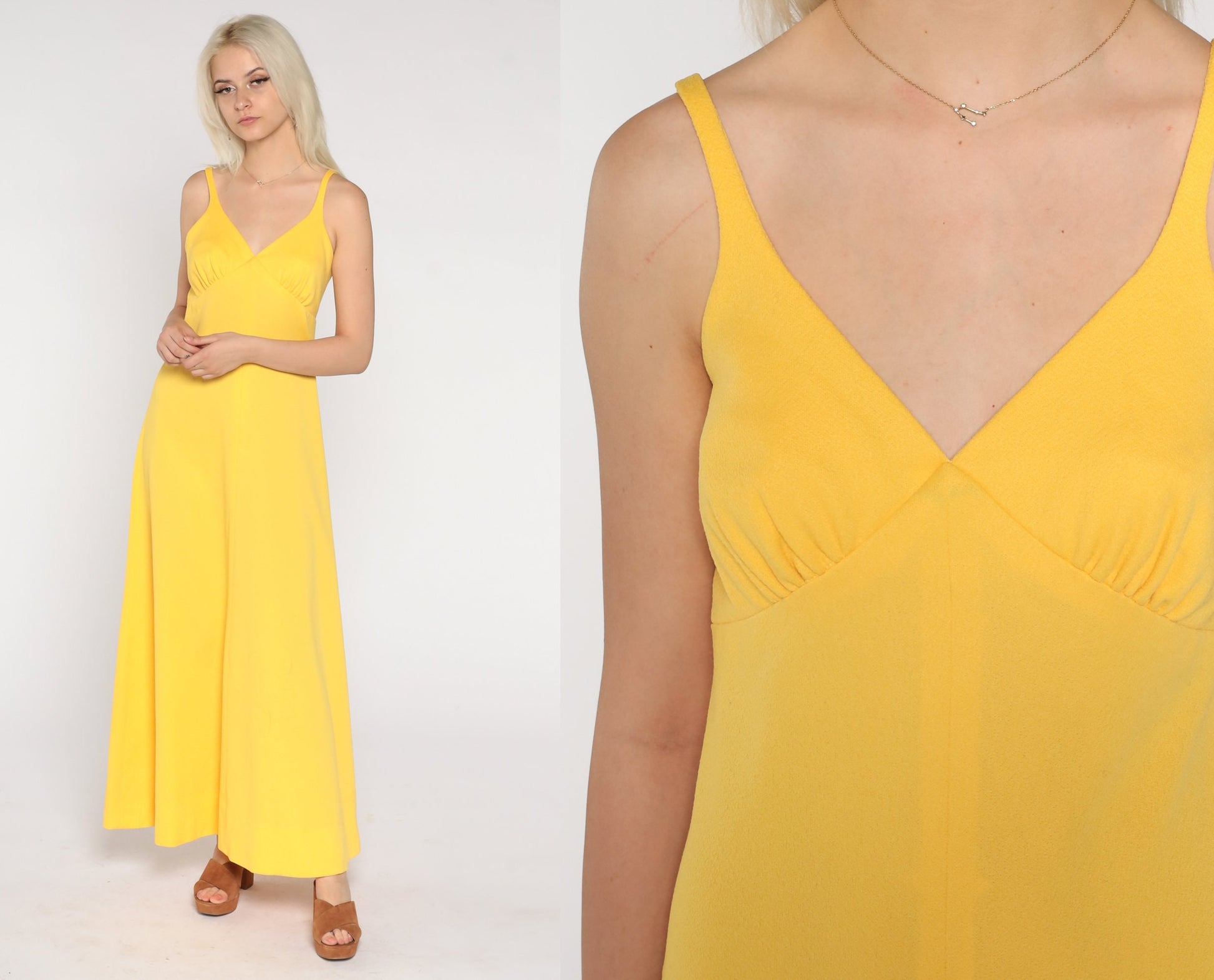 70s Yellow Maxi Dress Empire Waist Sleeveless A-Line Medium