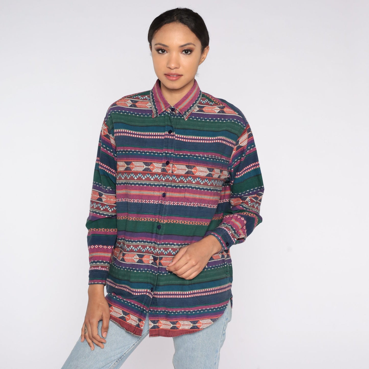 90s Striped Metallic Button-Up Shirt Geometric Print Long Sleeve Small S