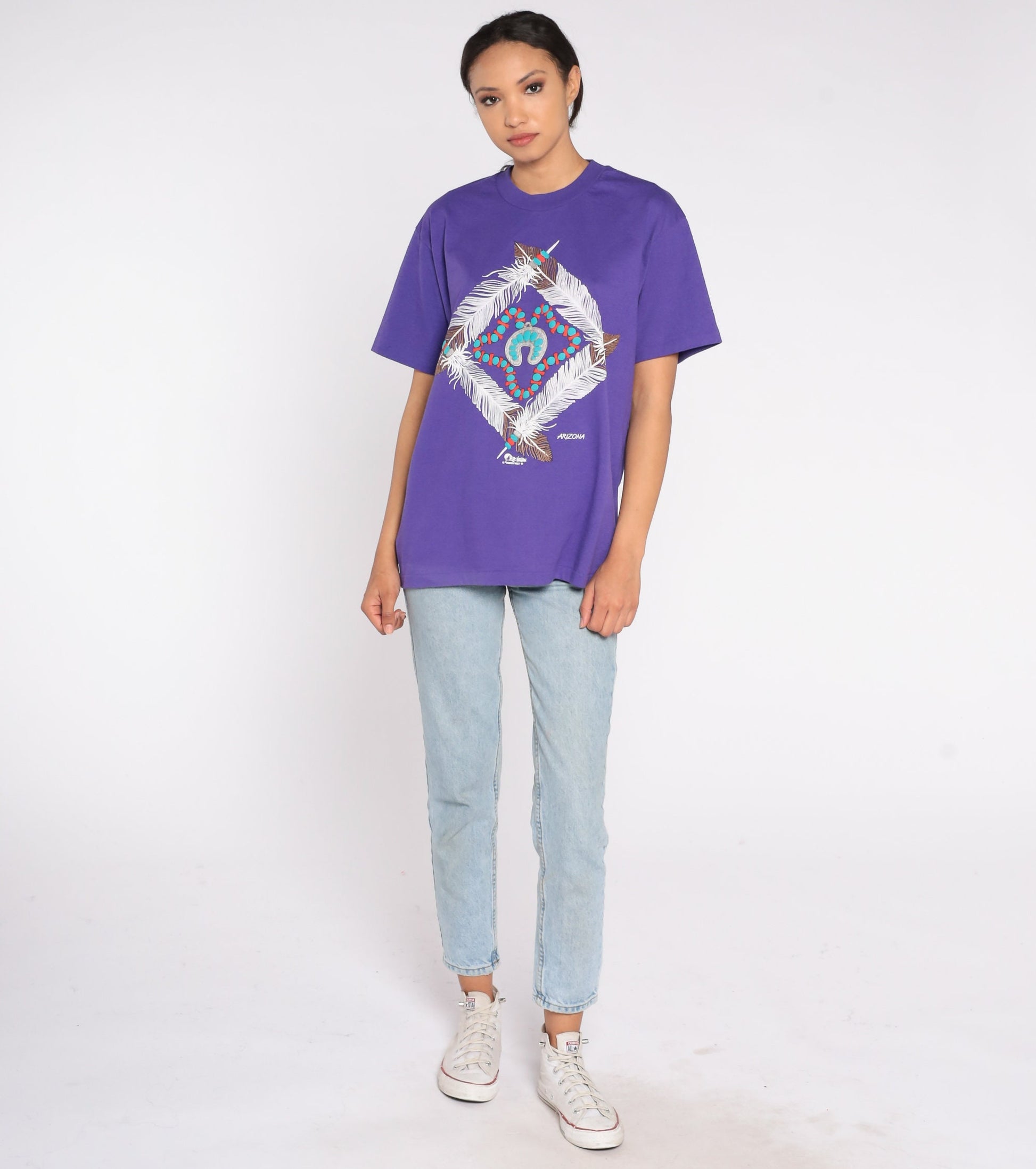 90s Arizona Native American Feather Turquoise Graphic T-Shirt Purple Medium
