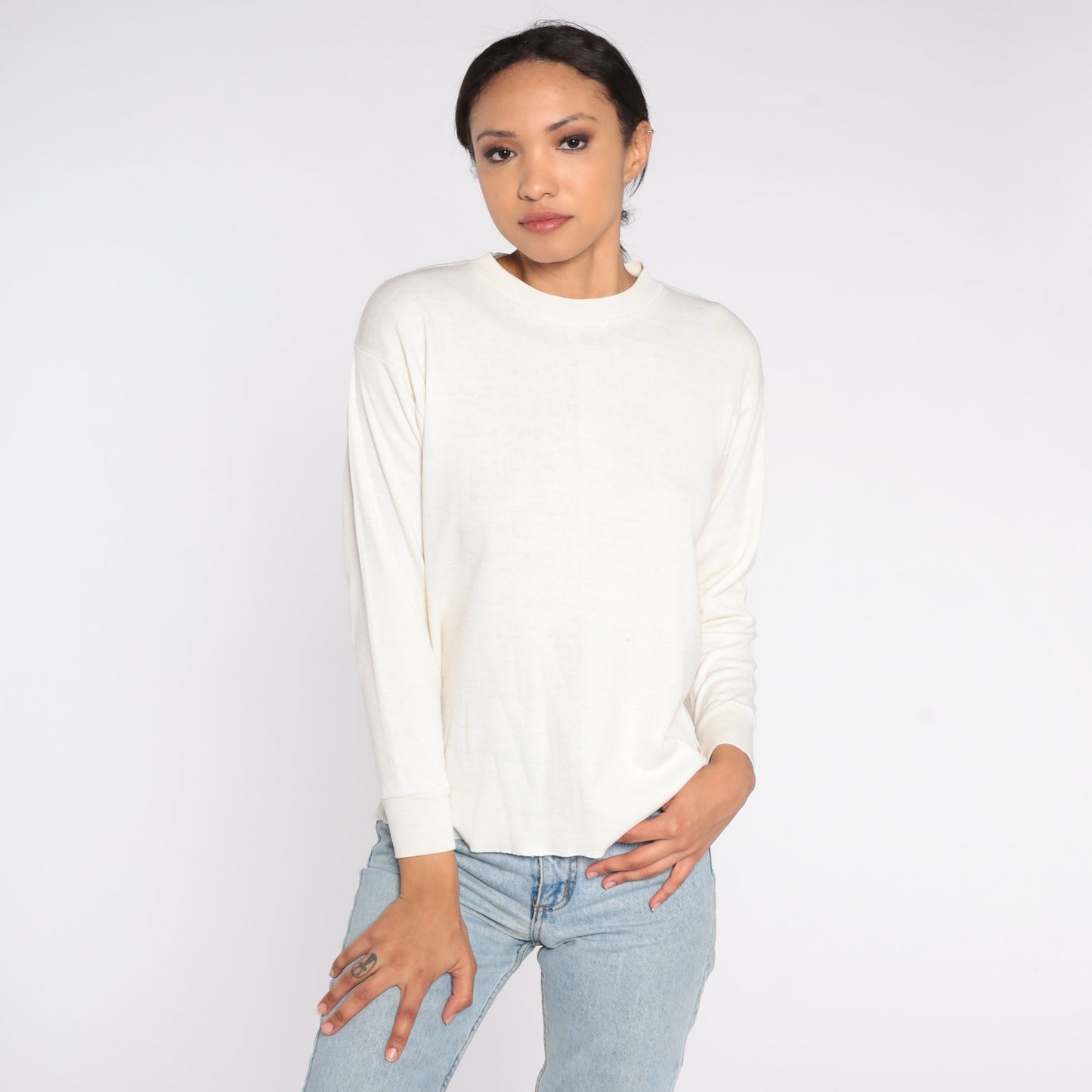 80s Off White Thermal Long Sleeve Shirt Cotton Blend Large L