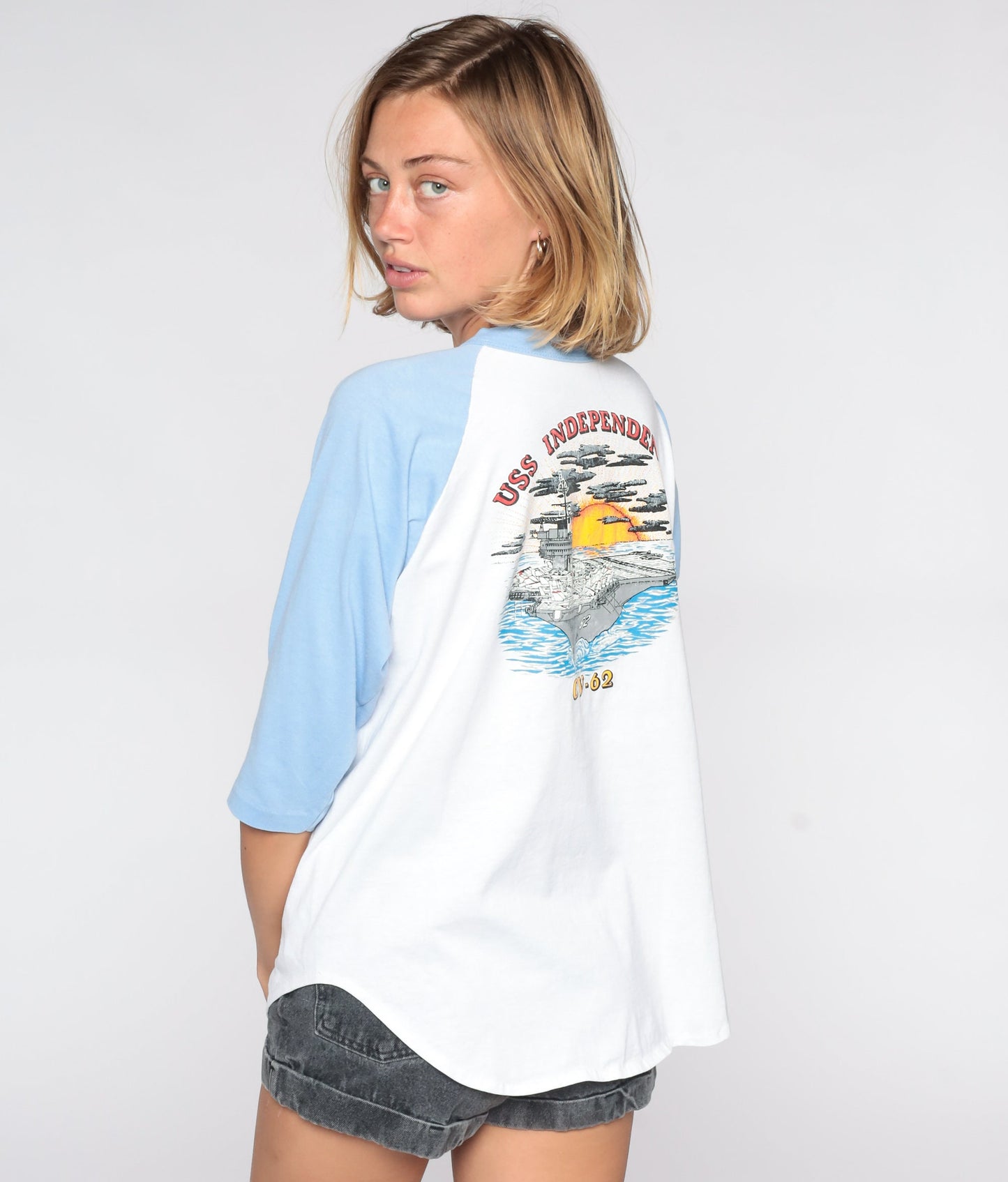 80s USS Independence CV-62 Navy Baseball Tee Baby Blue Graphic Large