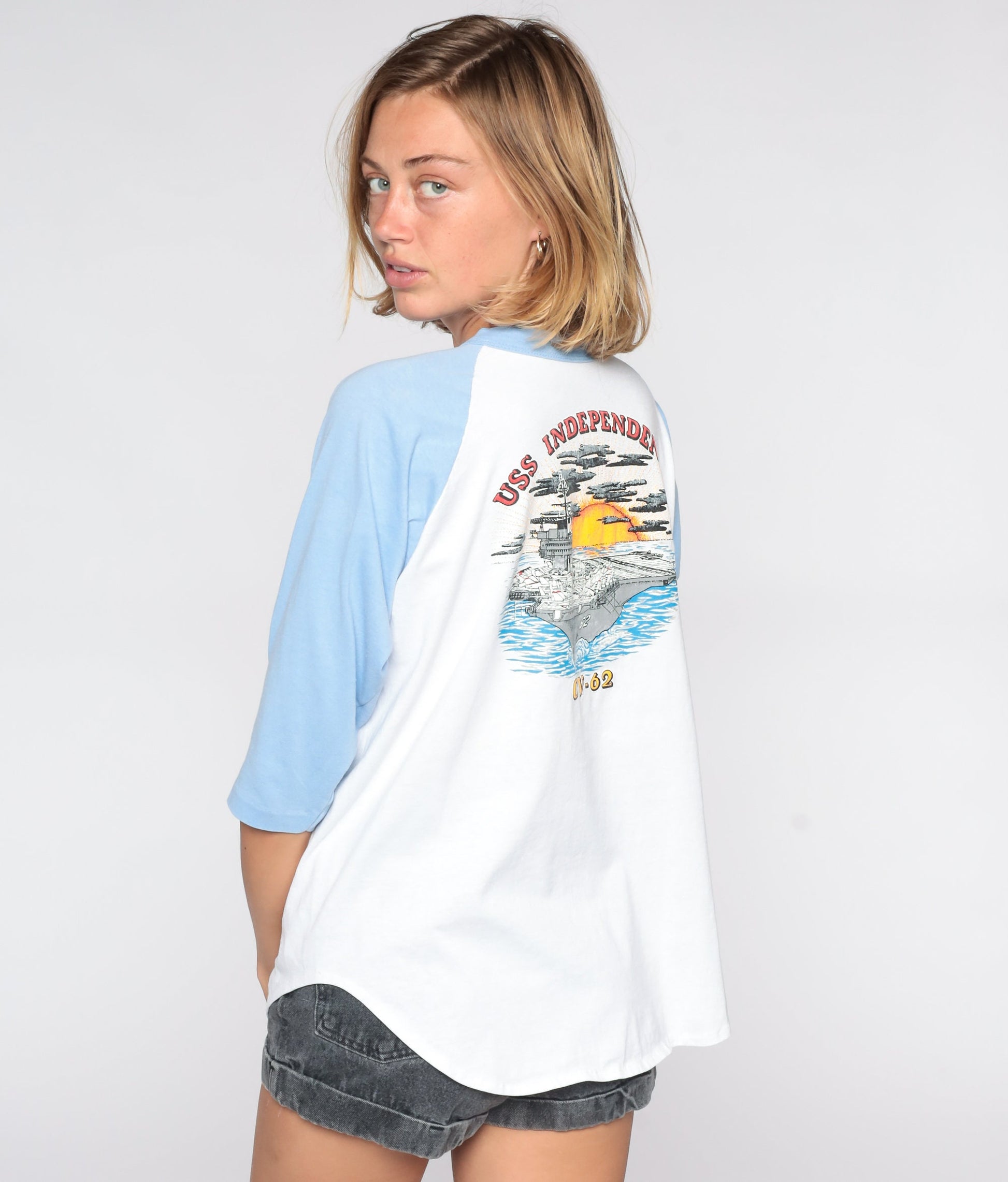 80s USS Independence CV-62 Navy Baseball Tee Baby Blue Graphic Large