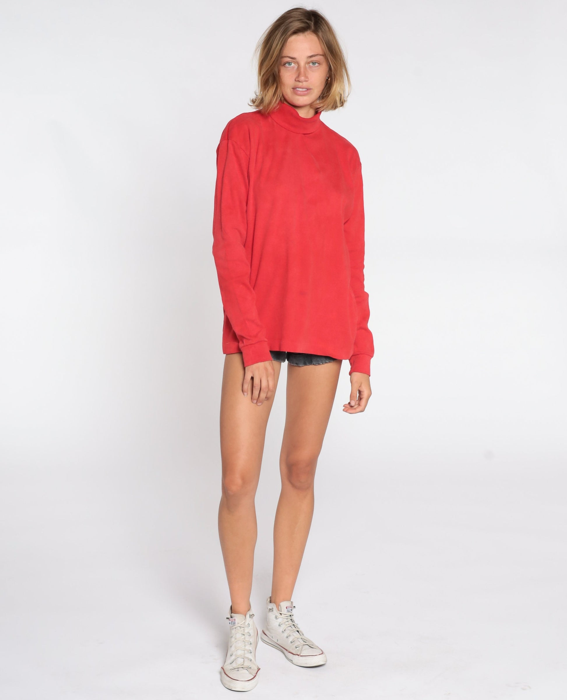 80s Red Turtleneck Cotton Long Sleeve Shirt Extra Large XL