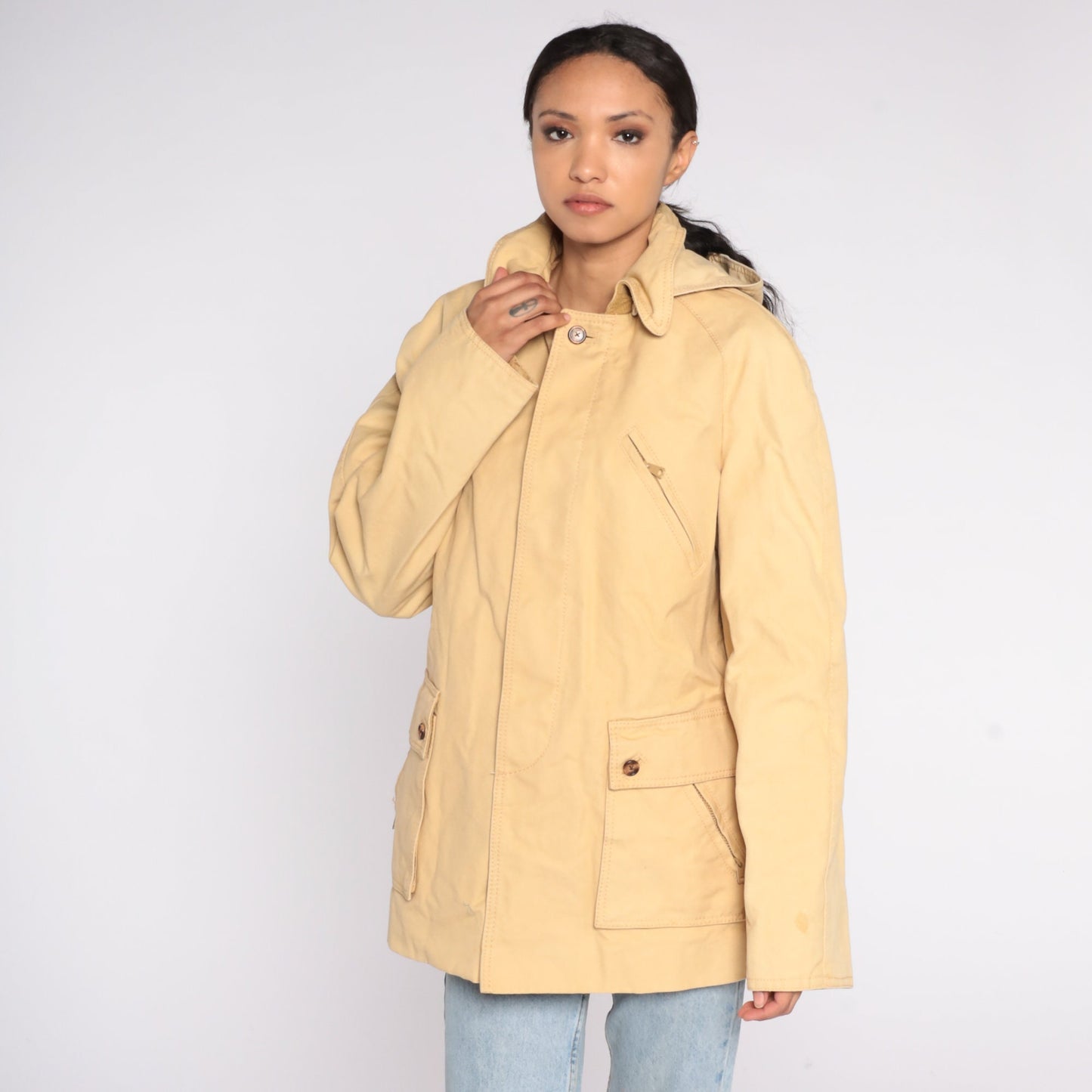70s Tan Hooded Winter Jacket Removable Corduroy Hood Lined Parka Large