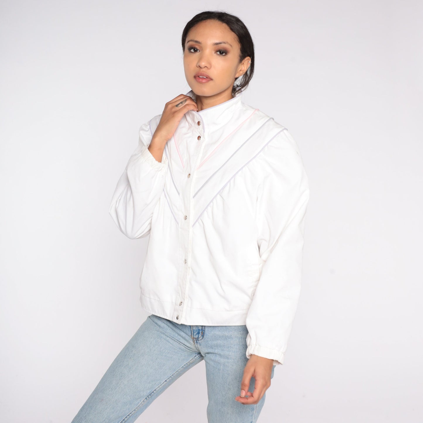 80s White Windbreaker Jacket Pastel Striped Snap-Up Small