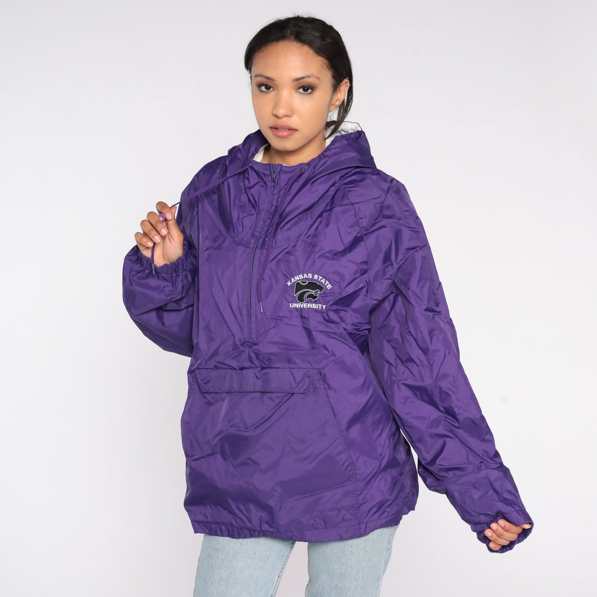 Y2K Kansas State University Purple Hooded Windbreaker Half Zip Extra Large XXL