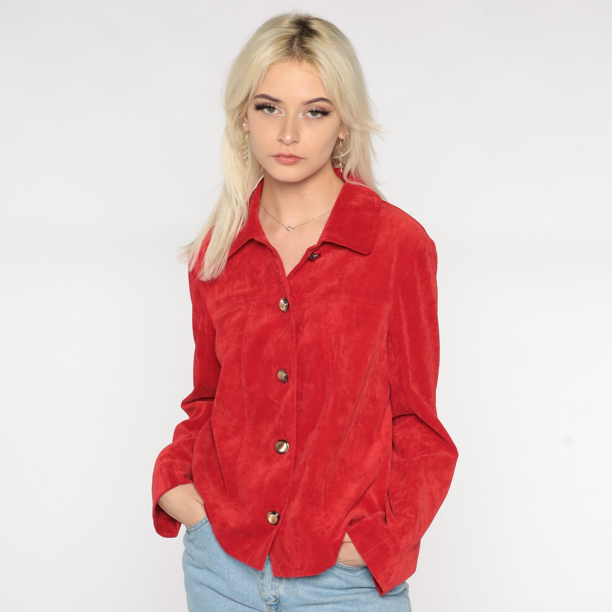 90s Red Button-Up Jacket Collared Lightweight Preppy Medium M