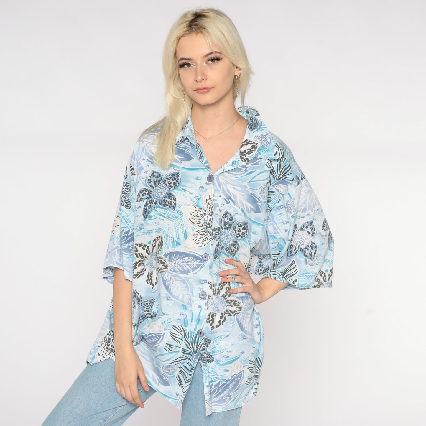 90s Blue Tropical Floral Hawaiian Button-Up Shirt Plus Size XXL