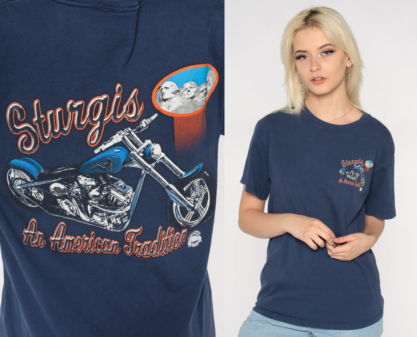 Y2K Sturgis Motorcycle Rally Graphic Tee Blue Cotton Small