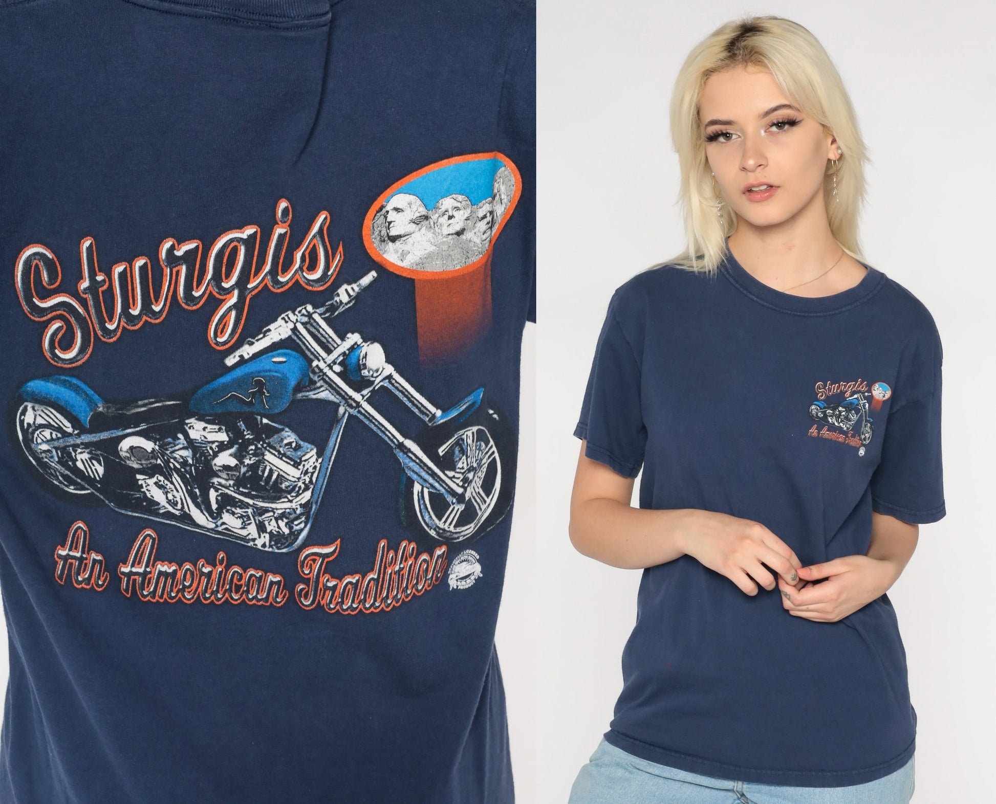 Y2K Sturgis Motorcycle Rally Graphic Tee Blue Cotton Small