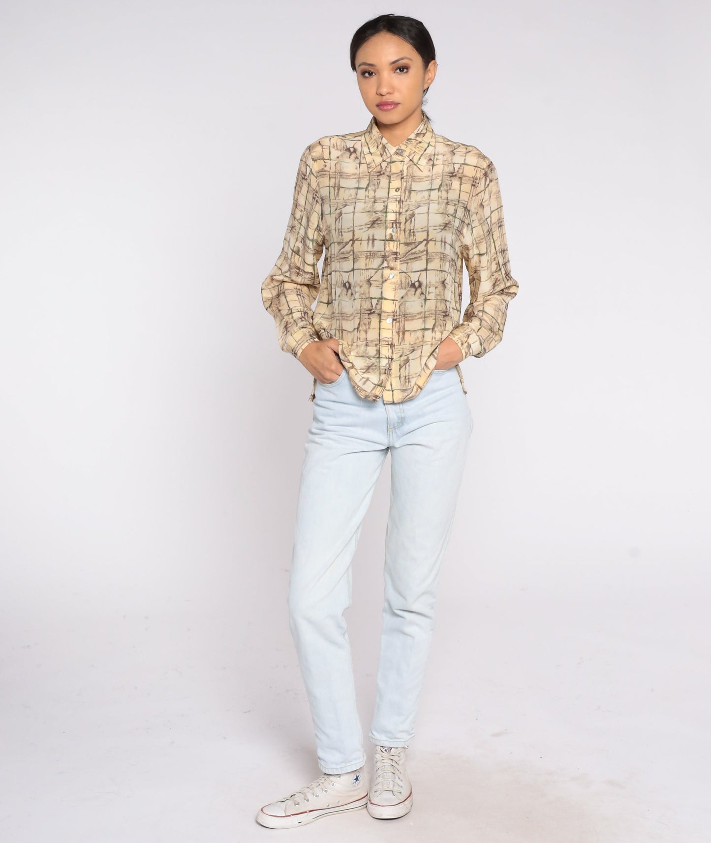 90s Silk Button Up Blouse Abstract Tile Print Cream Yellow Long Sleeve Small S