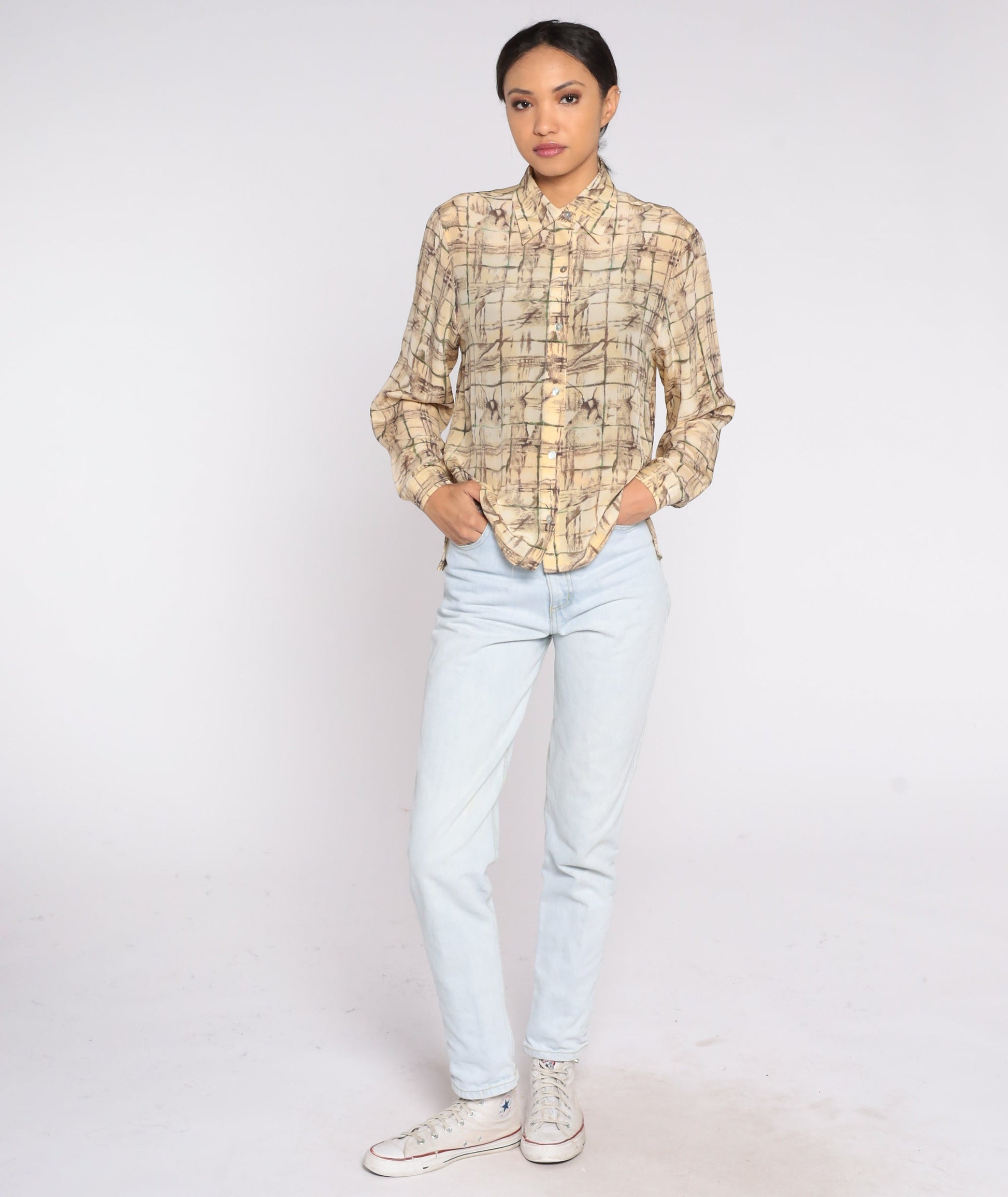 90s Silk Button Up Blouse Abstract Tile Print Cream Yellow Long Sleeve Small S
