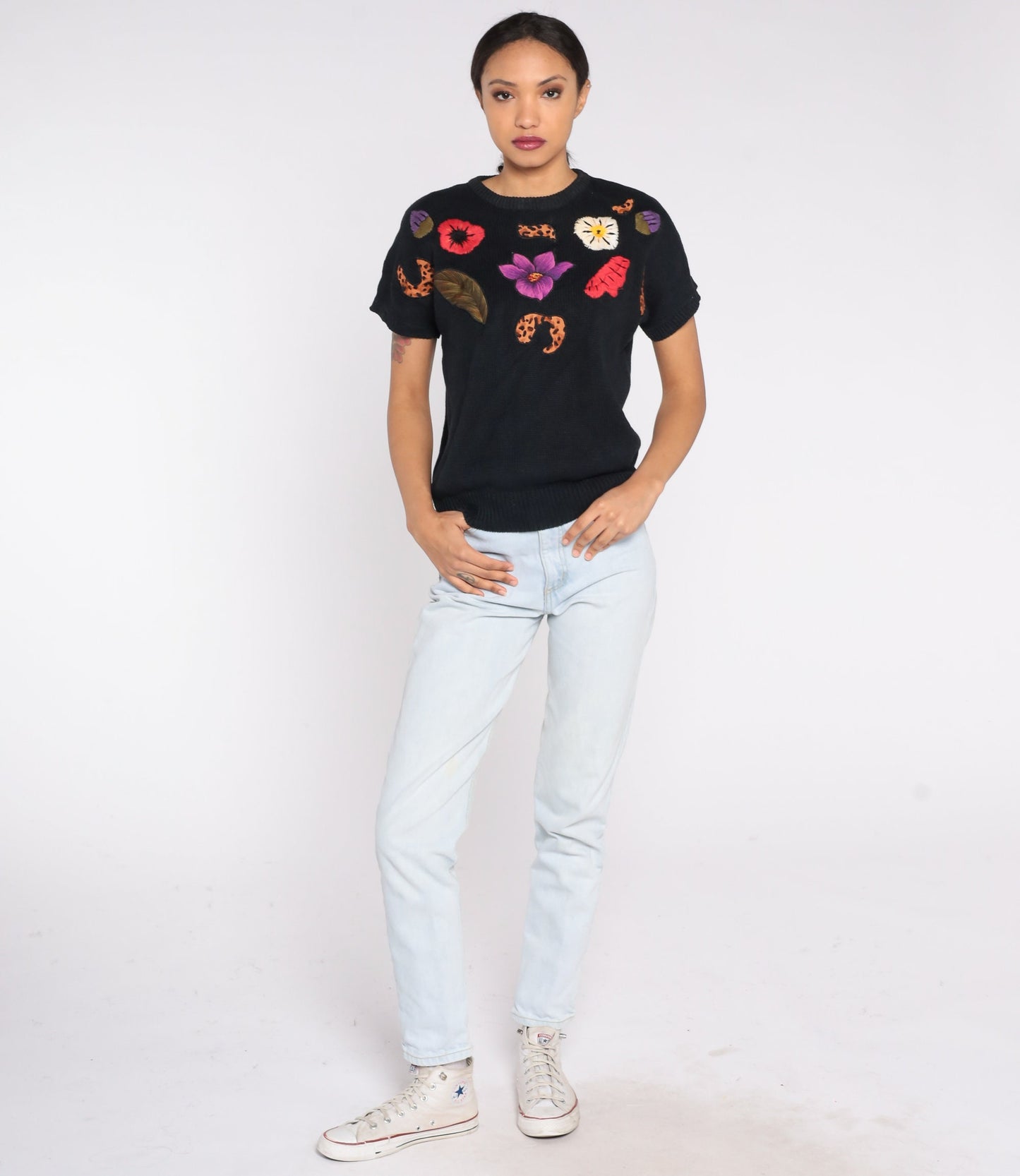 90s Black Knit Sweater Top Floral Embroidery Leopard Print Short Sleeve Medium M