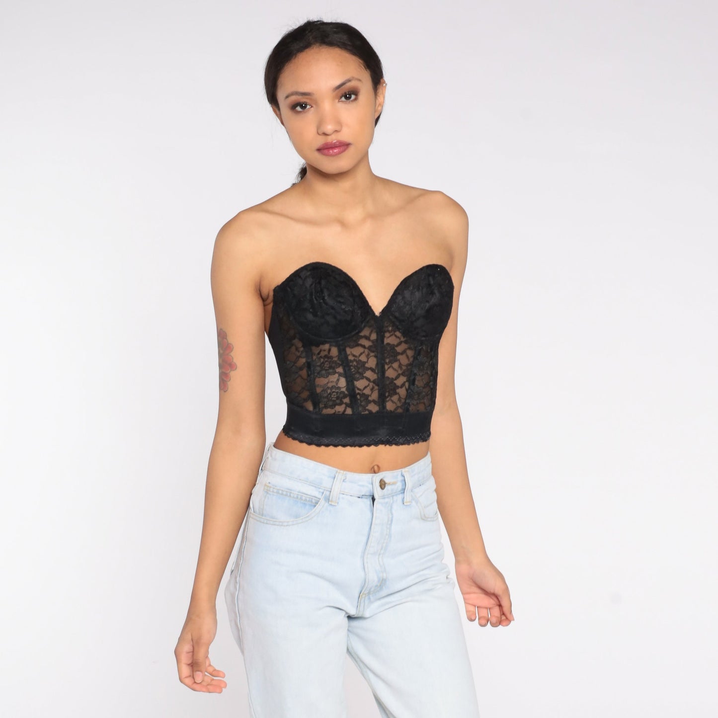 90s Black Lace Bustier Bra Strapless Sweetheart Neckline Underwire 36B