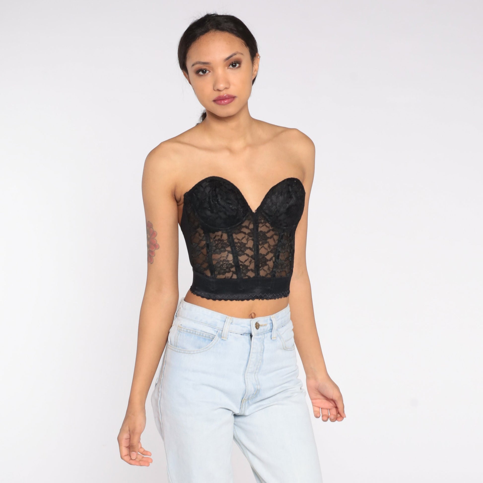 90s Black Lace Bustier Bra Strapless Sweetheart Neckline Underwire 36B