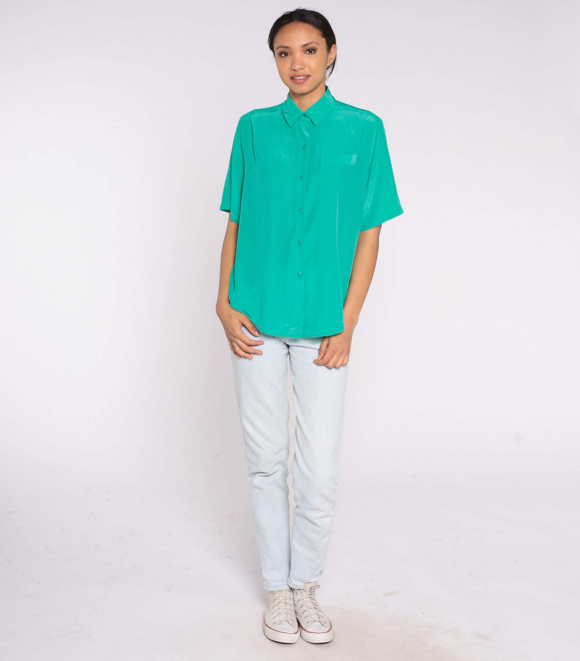 80s Green Polyester Button-Up Blouse Short Sleeve Collared Shirt Medium 8
