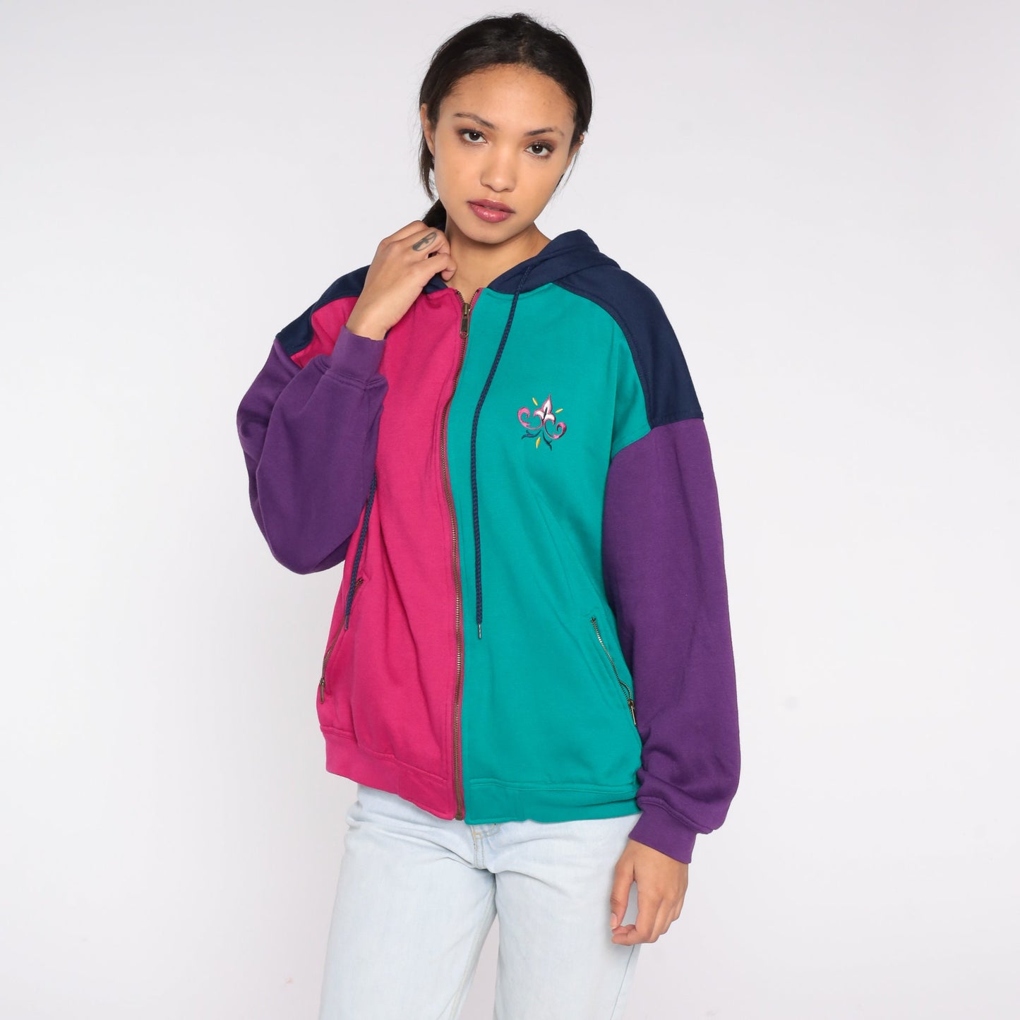 90s Color Block Zip Hoodie Sweatshirt Fleur de Lis Pink Green Purple Blue Large L