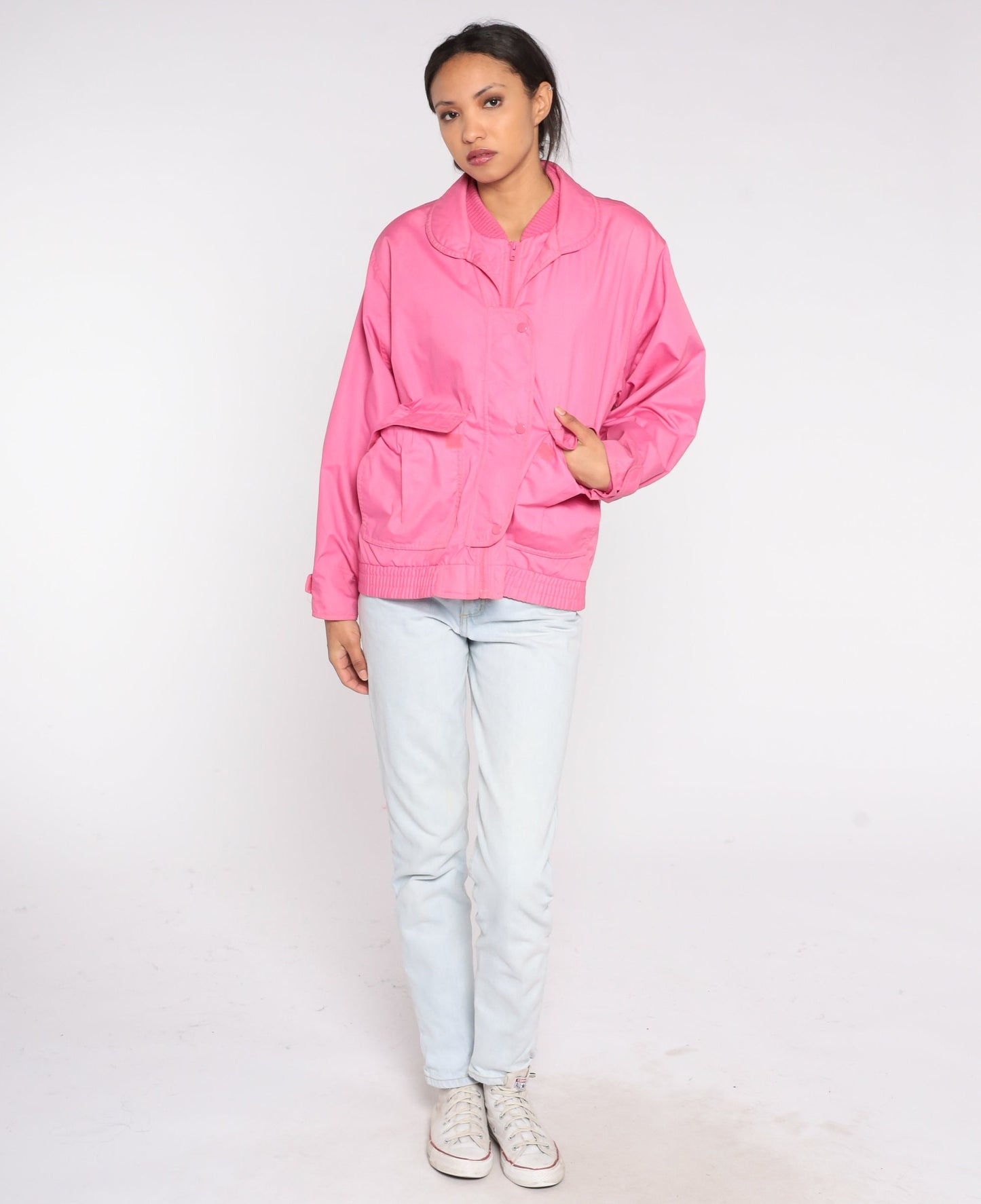 80s Bright Pink Windbreaker Jacket Snap Zip Front Spring Coat Large L