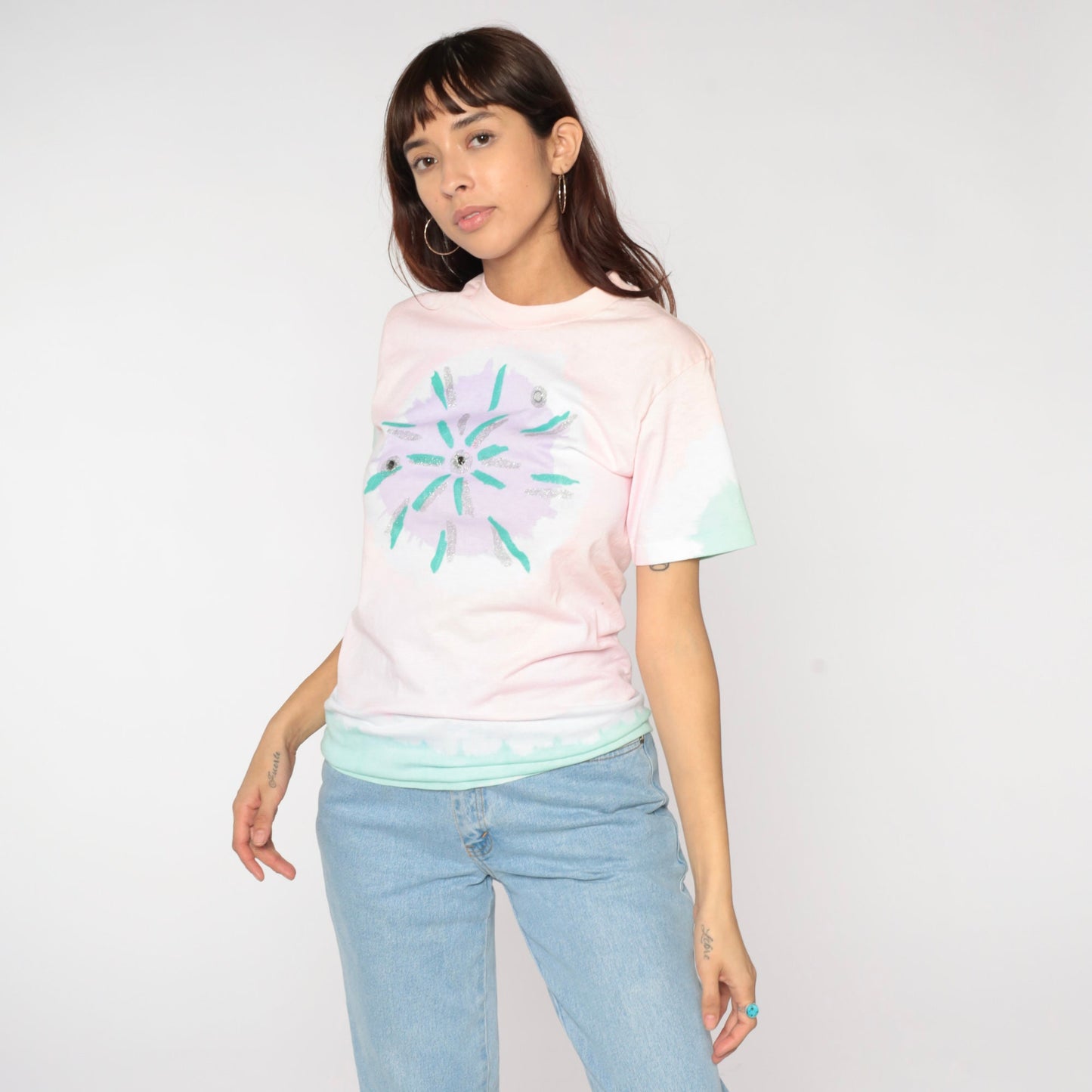 90s Tie Dye T-Shirt Pink Starburst Chest Graphic Cotton Tee Medium