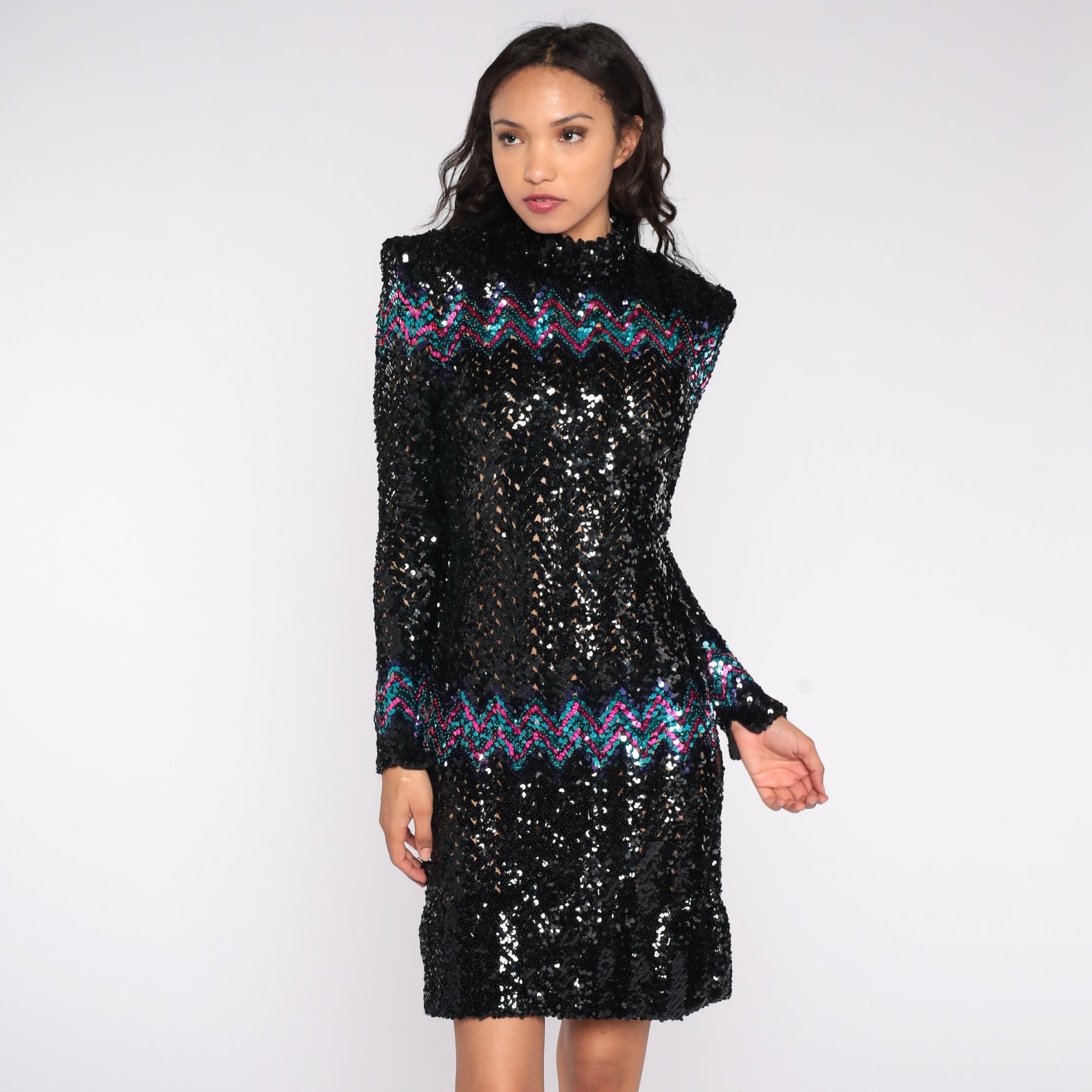 80s Black Sequin Dress Power Shoulders Knee-Length Long Sleeve Small