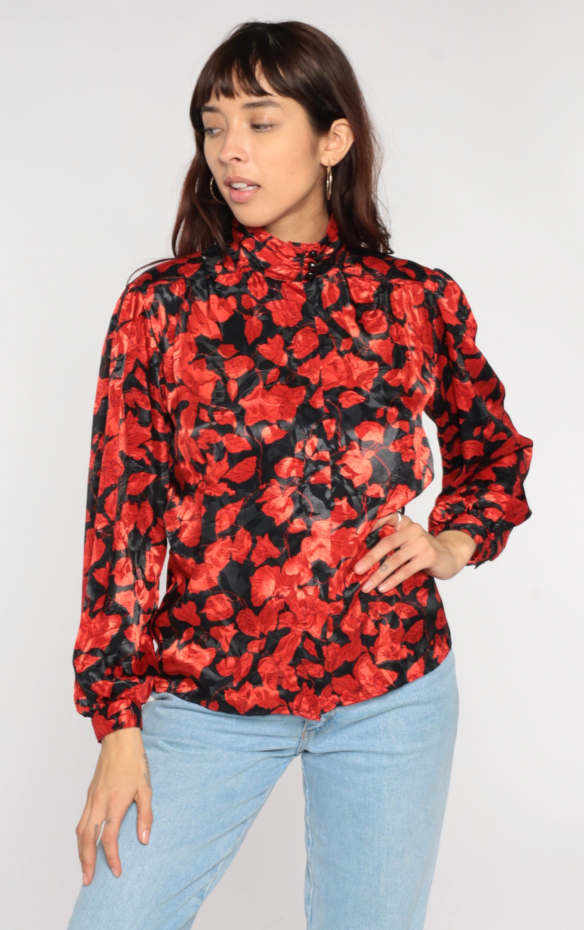 80s Black Red Floral Puff Sleeve Button-Up Blouse Small
