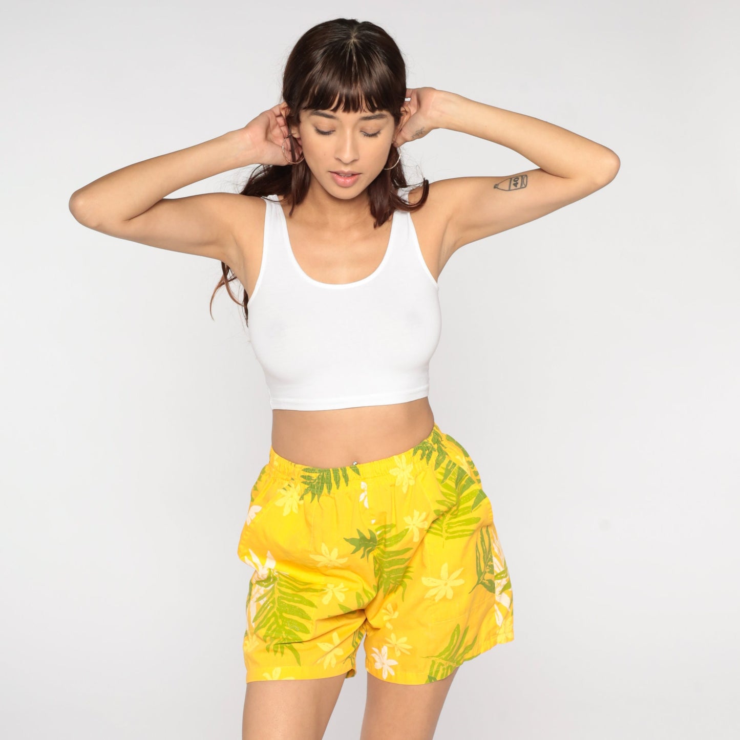 90s Yellow Tropical Leaf Floral Shorts High Waist Elastic Small S