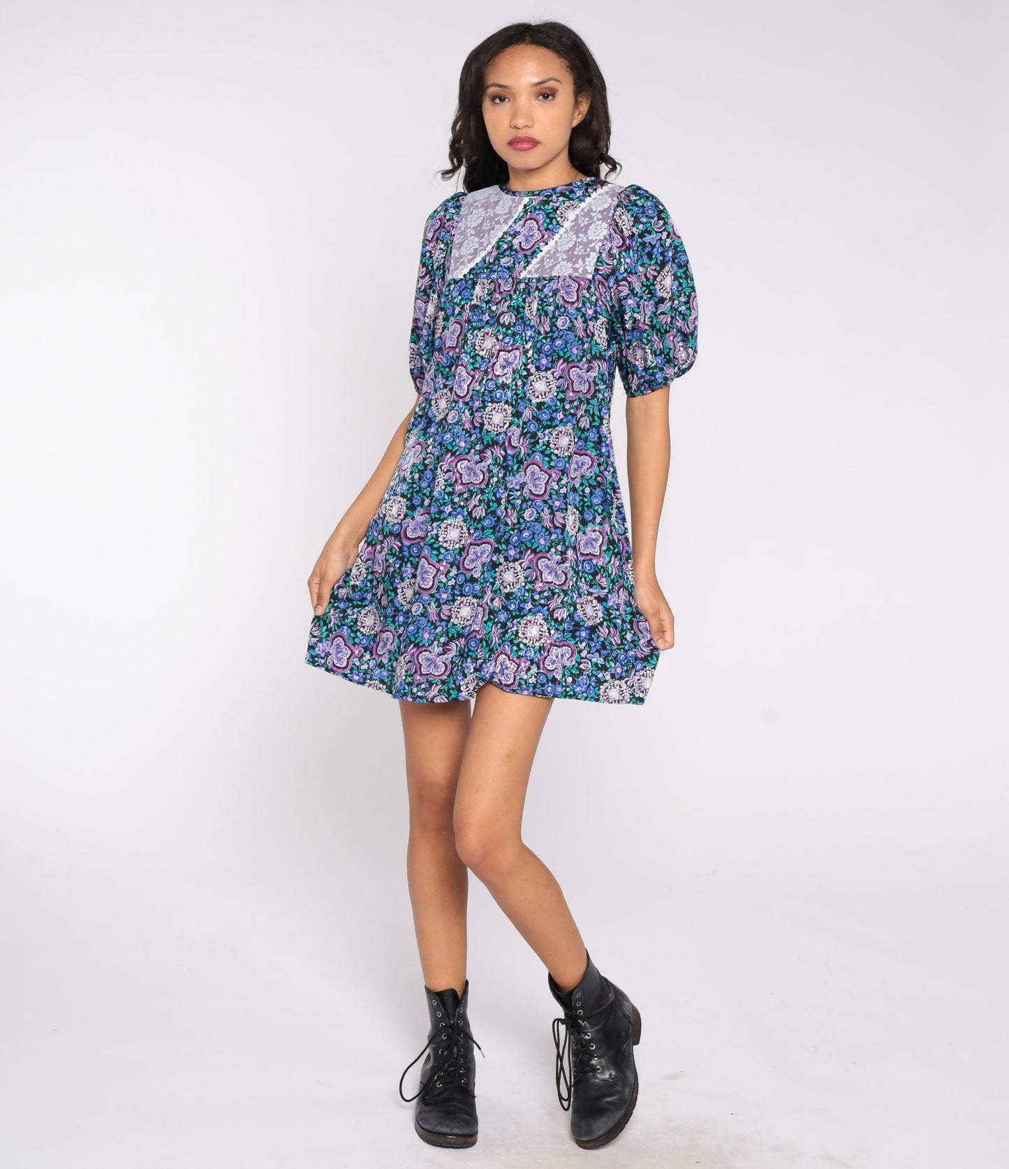 80s Blue Floral Babydoll Mini Dress Lace Bib Balloon Sleeve Small