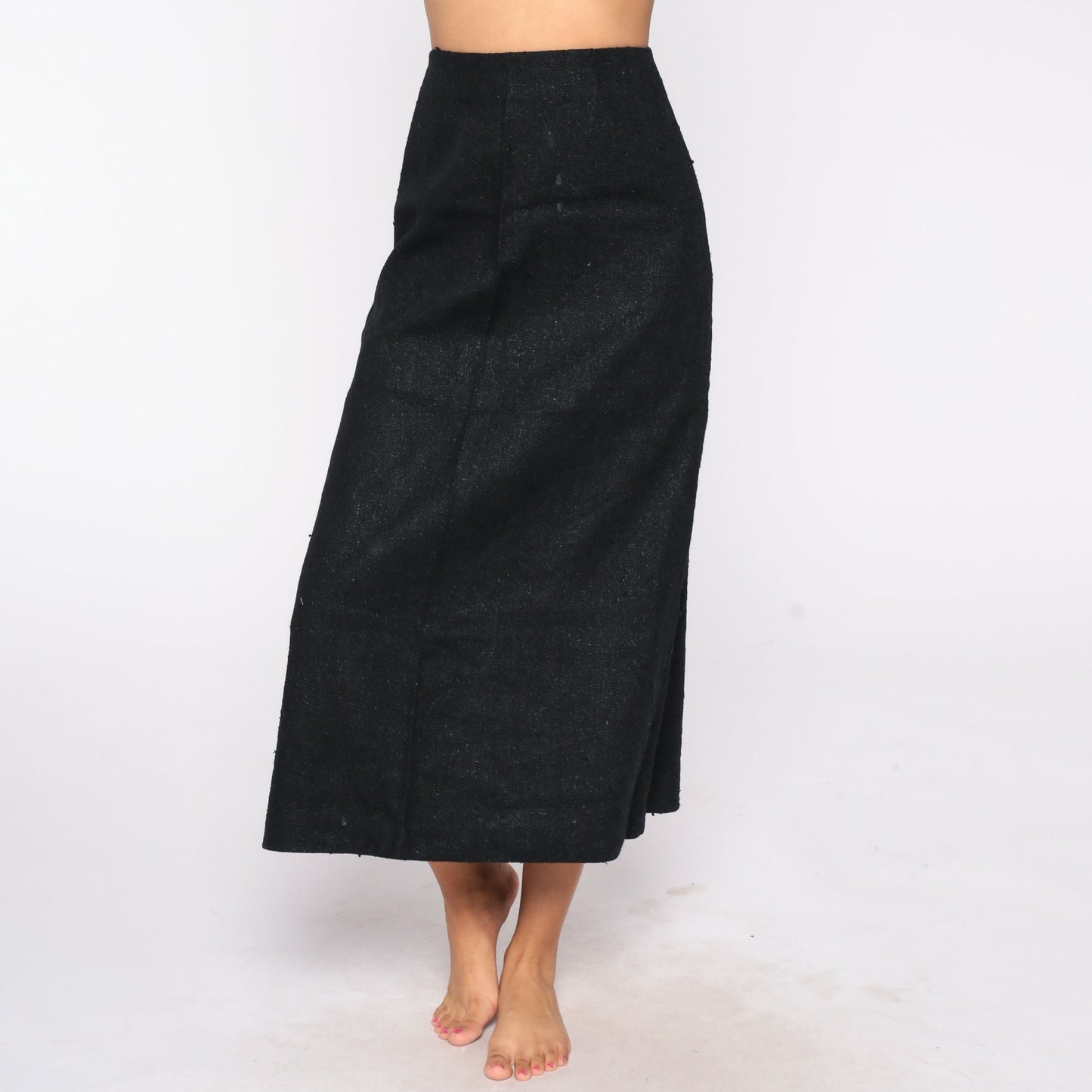 60s Black Tweed Maxi Skirt High Waist Back Zip Small
