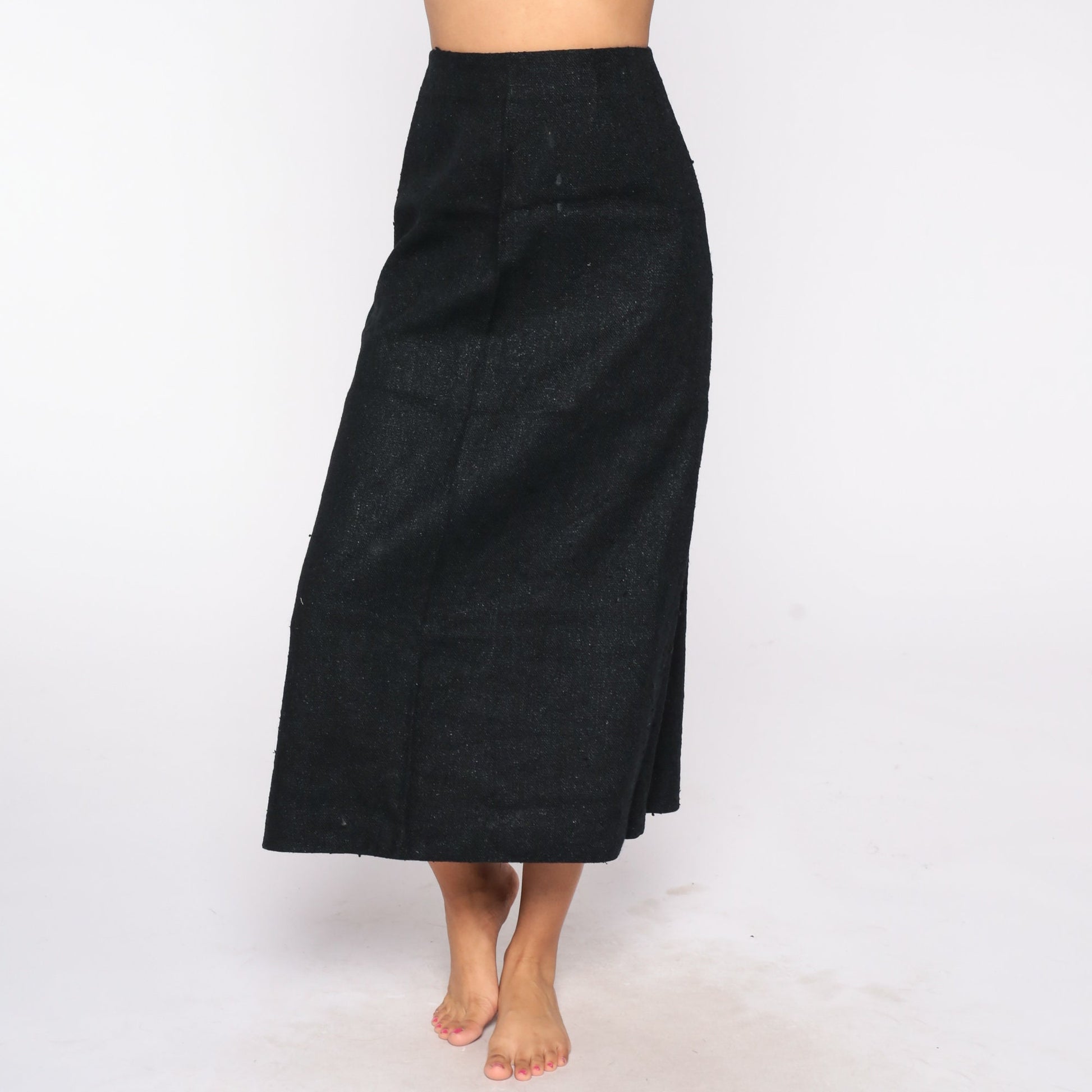 60s Black Tweed Maxi Skirt High Waist Back Zip Small