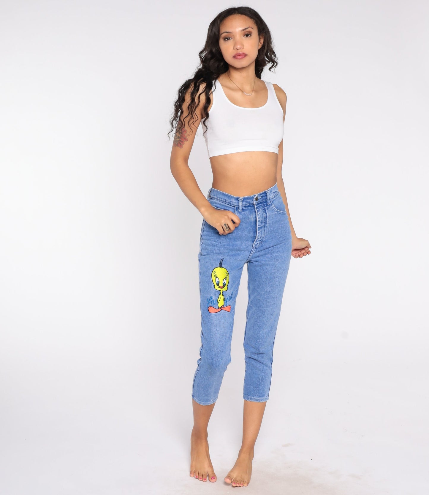 90s Tweety Bird Warner Bros Embroidered High Waisted Tapered Denim Jeans Extra Small XS