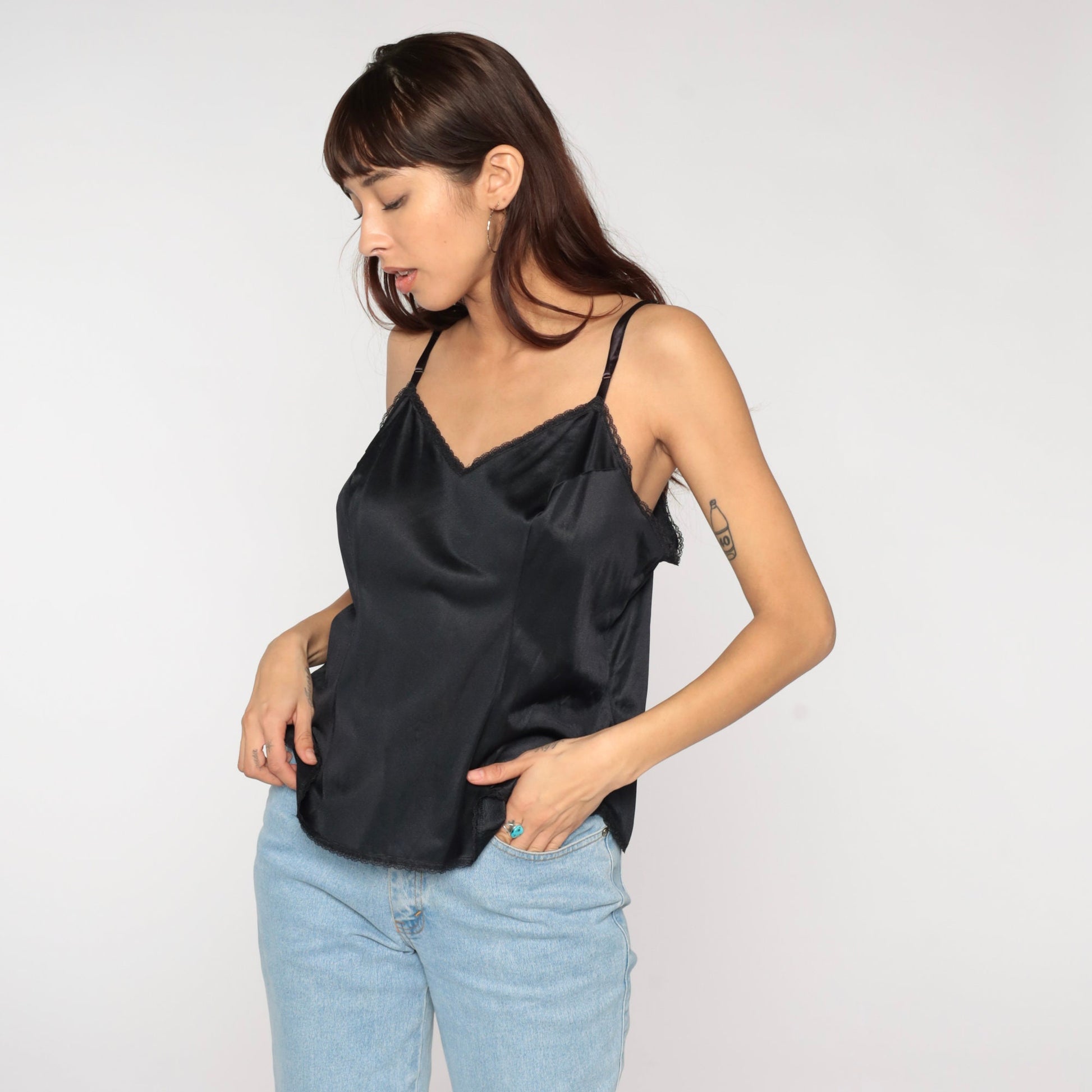 80s Black Nylon Camisole Spaghetti Strap Tank Top V-Neck Large