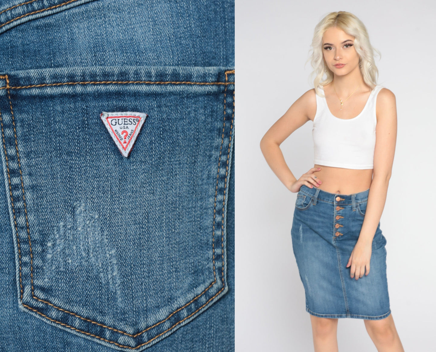 Guess Y2K Blue Denim Mini Skirt High Waist Pencil Cut Medium 29