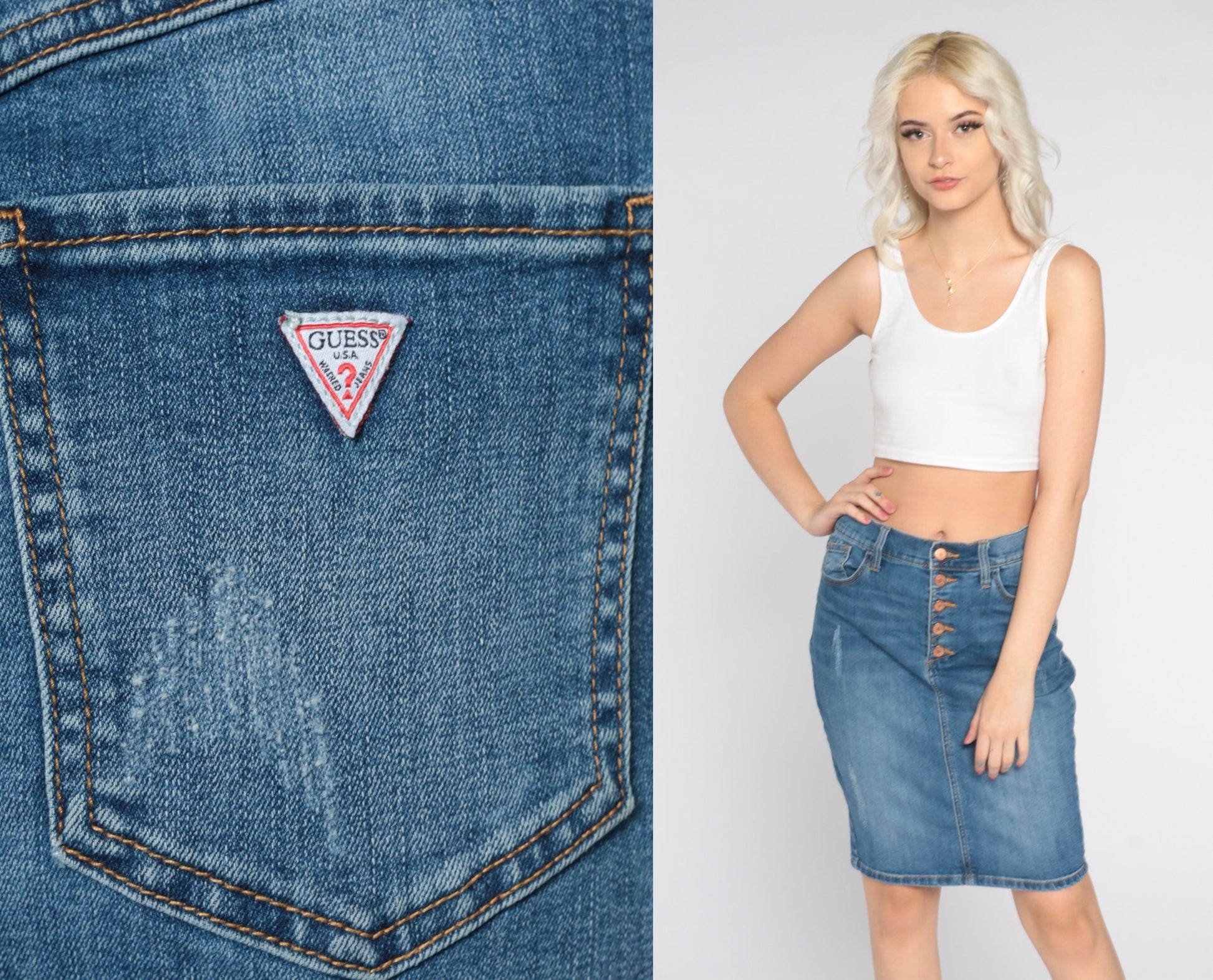 Guess Y2K Blue Denim Mini Skirt High Waist Pencil Cut Medium 29