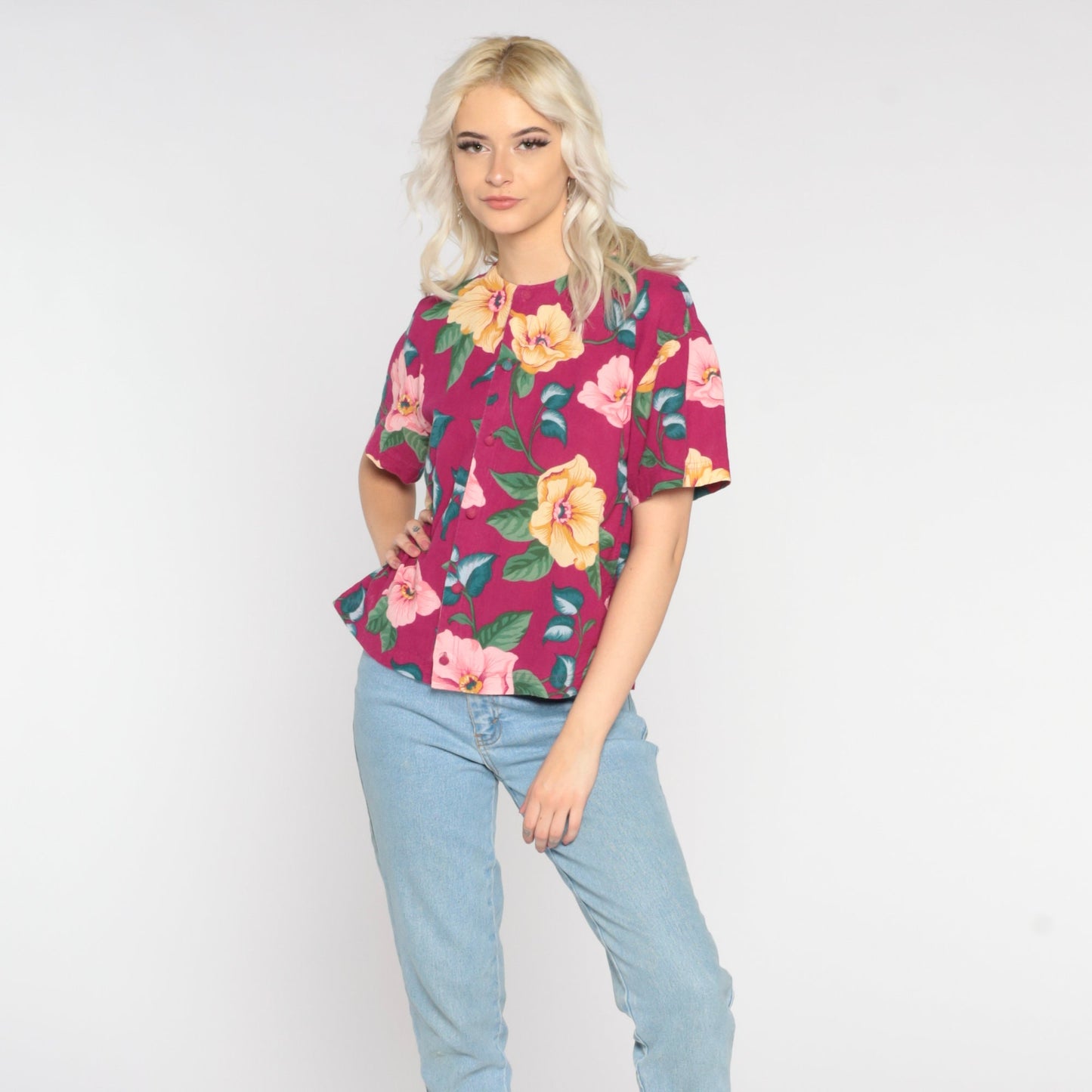 80s Liz Claiborne Floral Button-Up Blouse Dark Pink Cotton Small