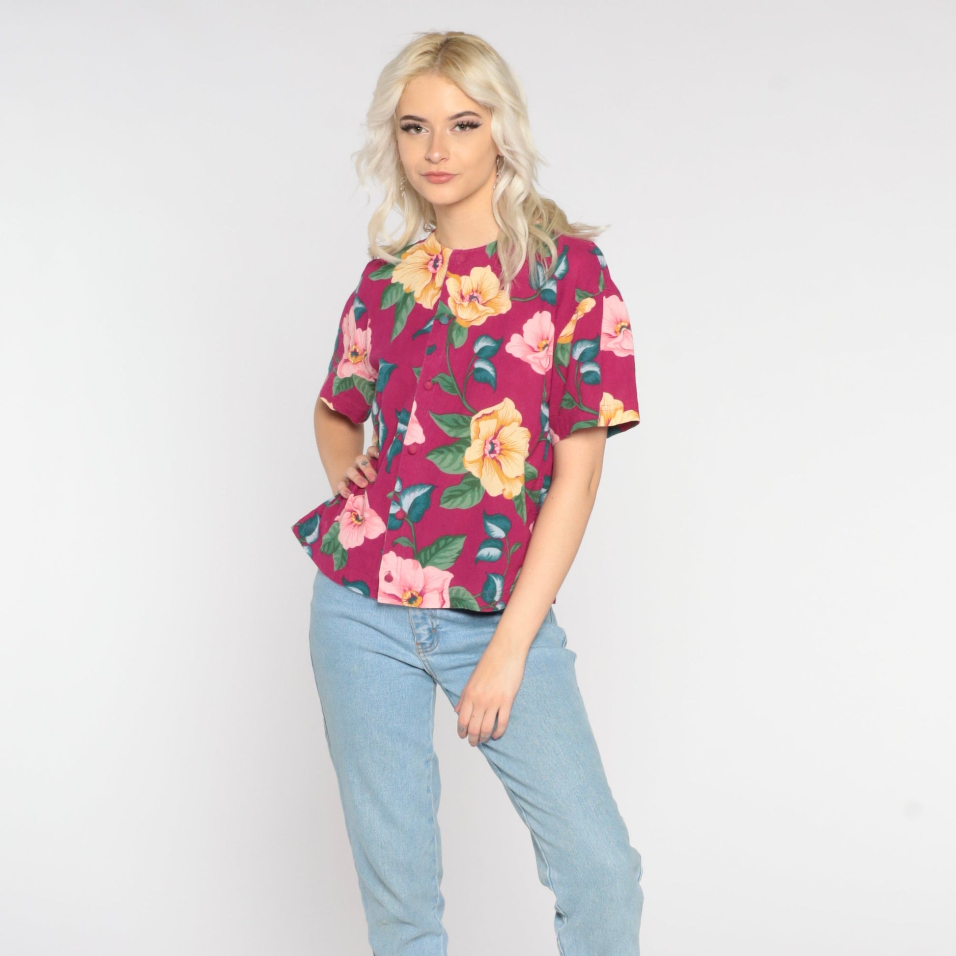 80s Liz Claiborne Floral Button-Up Blouse Dark Pink Cotton Small