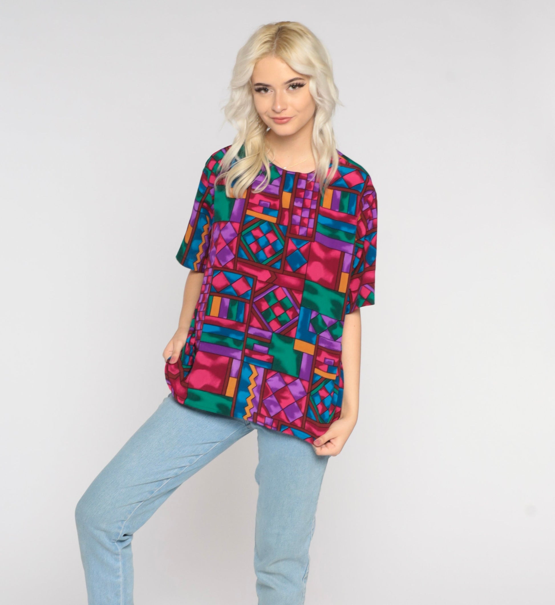 80s Geometric Abstract Square Print Blouse Rainbow Short Sleeve Large L