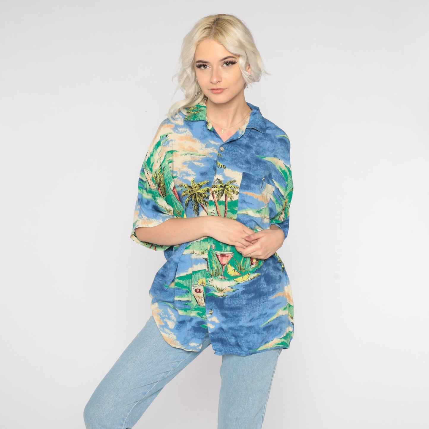 Y2K Blue Hawaiian Shirt Palm Tree Cocktail Print Button Up Men's Large