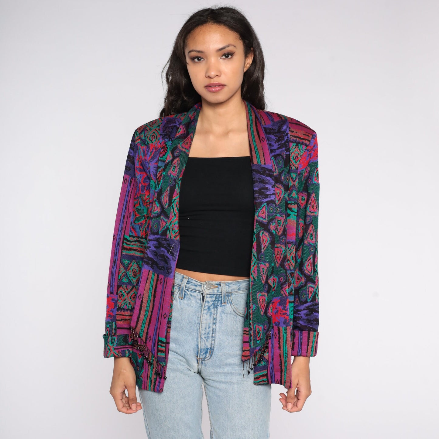 90s Woven Blazer Jacket Abstract Tapestry Tie Front Beaded Large L