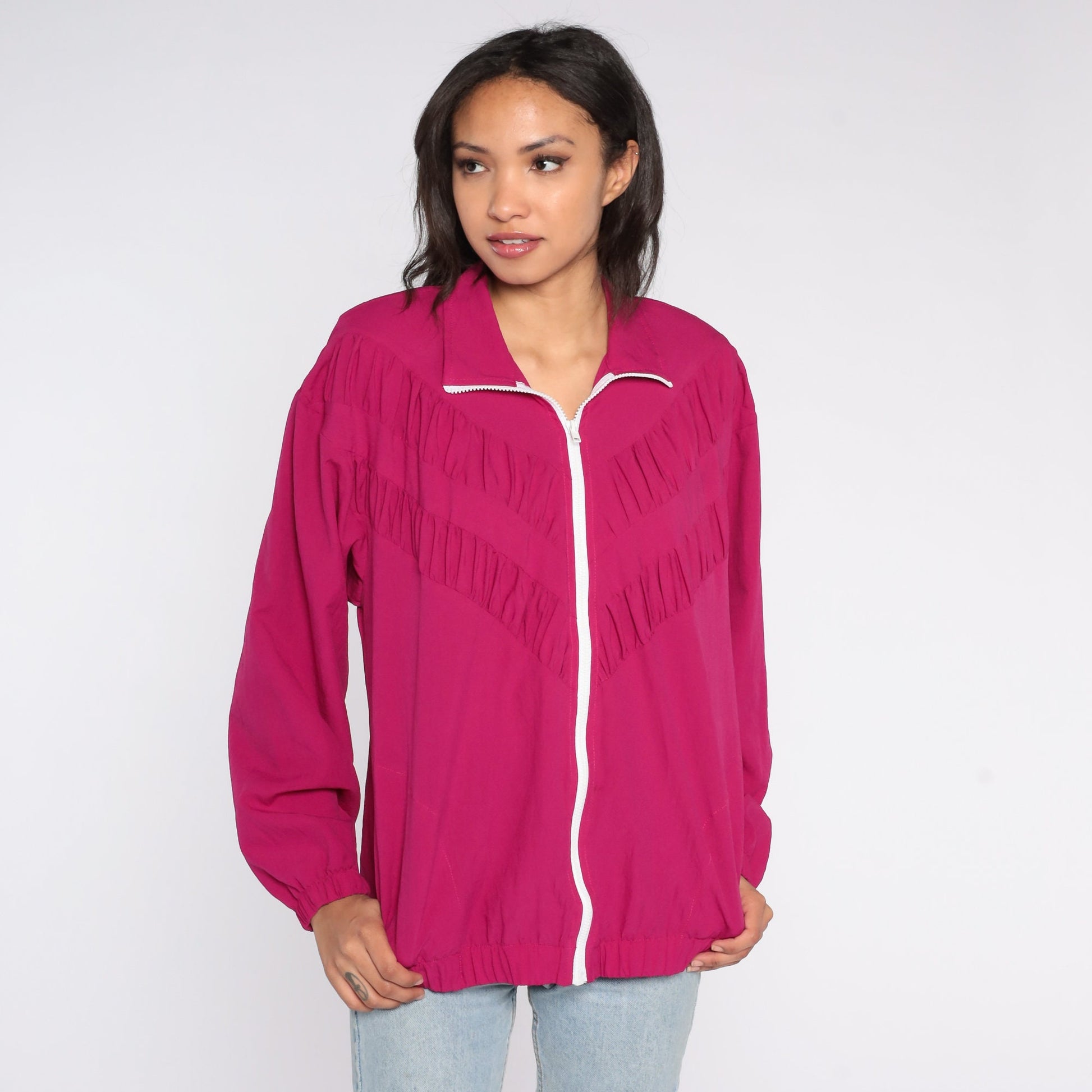 90s Fuchsia Zip Windbreaker Jacket Ruched Medium M