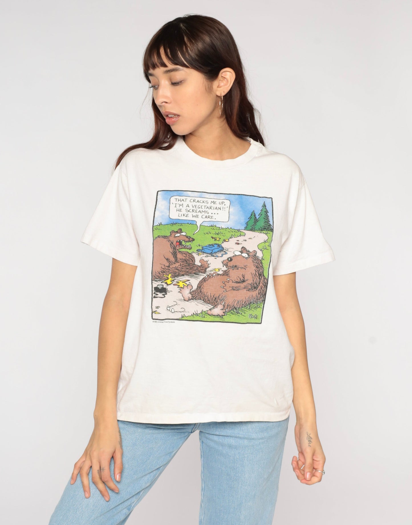 90s Bear Attack Cartoon Graphic T-Shirt Cotton Novelty Tee Medium