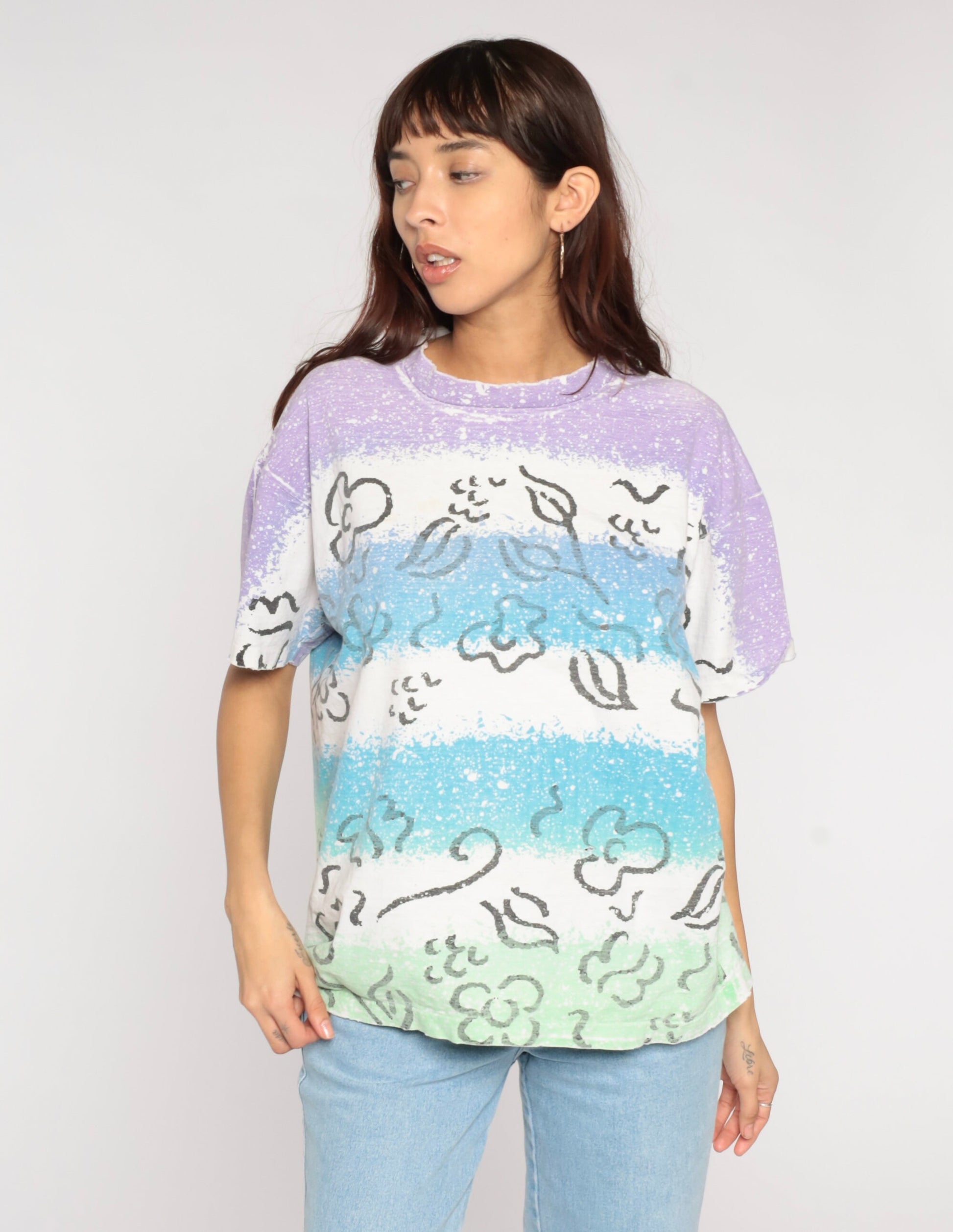 90s Anvil Floral T-Shirt Bleach Splatter Striped Cotton White Extra Large XL