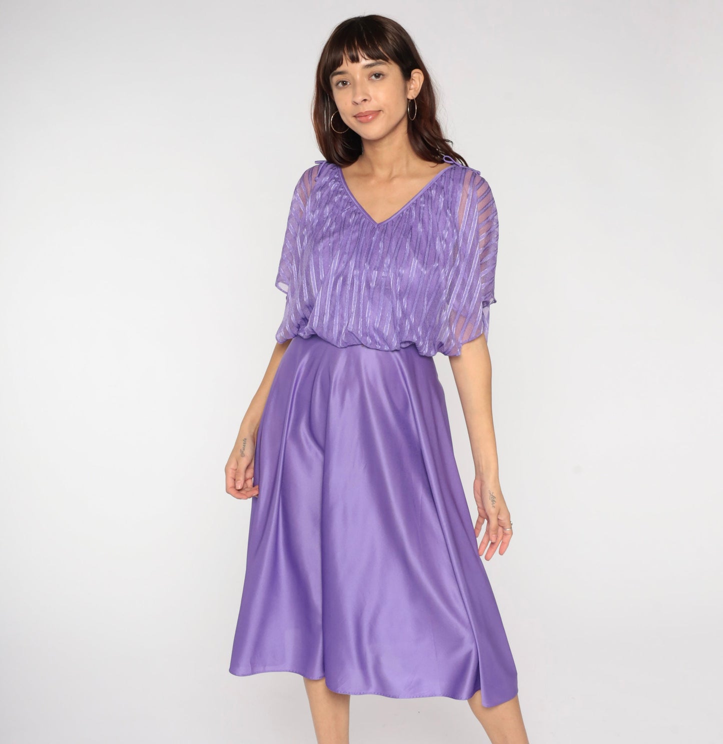 70s Purple Grecian Midi Dress Flutter Sleeve High Waist Small