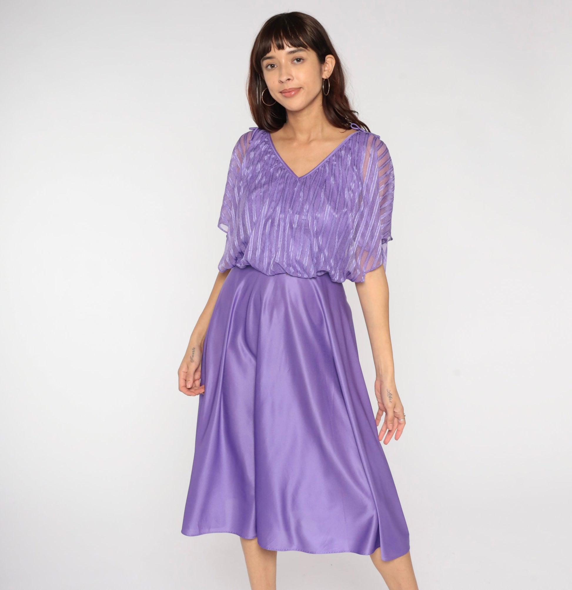 70s Purple Grecian Midi Dress Flutter Sleeve High Waist Small
