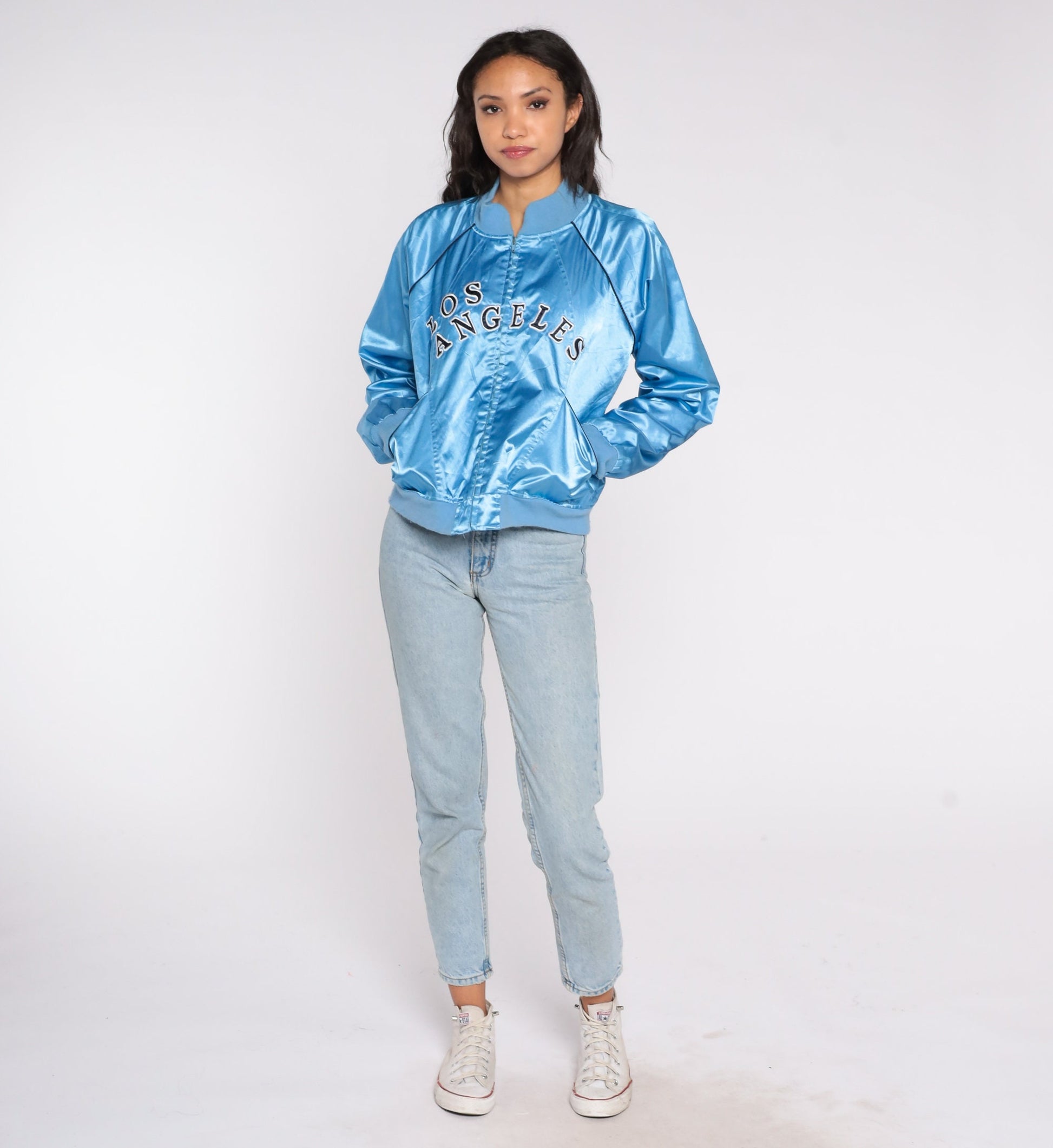 Y2K Los Angeles Baby Blue Satin Bomber Jacket Zip-Up Small S