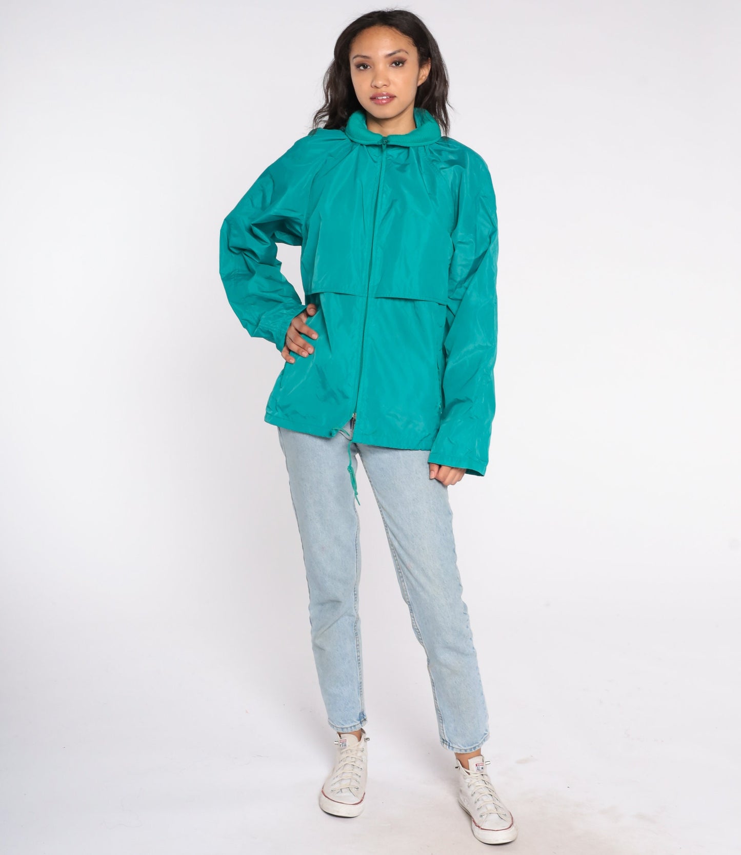 Eddie Bauer 90s Teal Windbreaker Jacket Nylon Zip-Up Men's Large