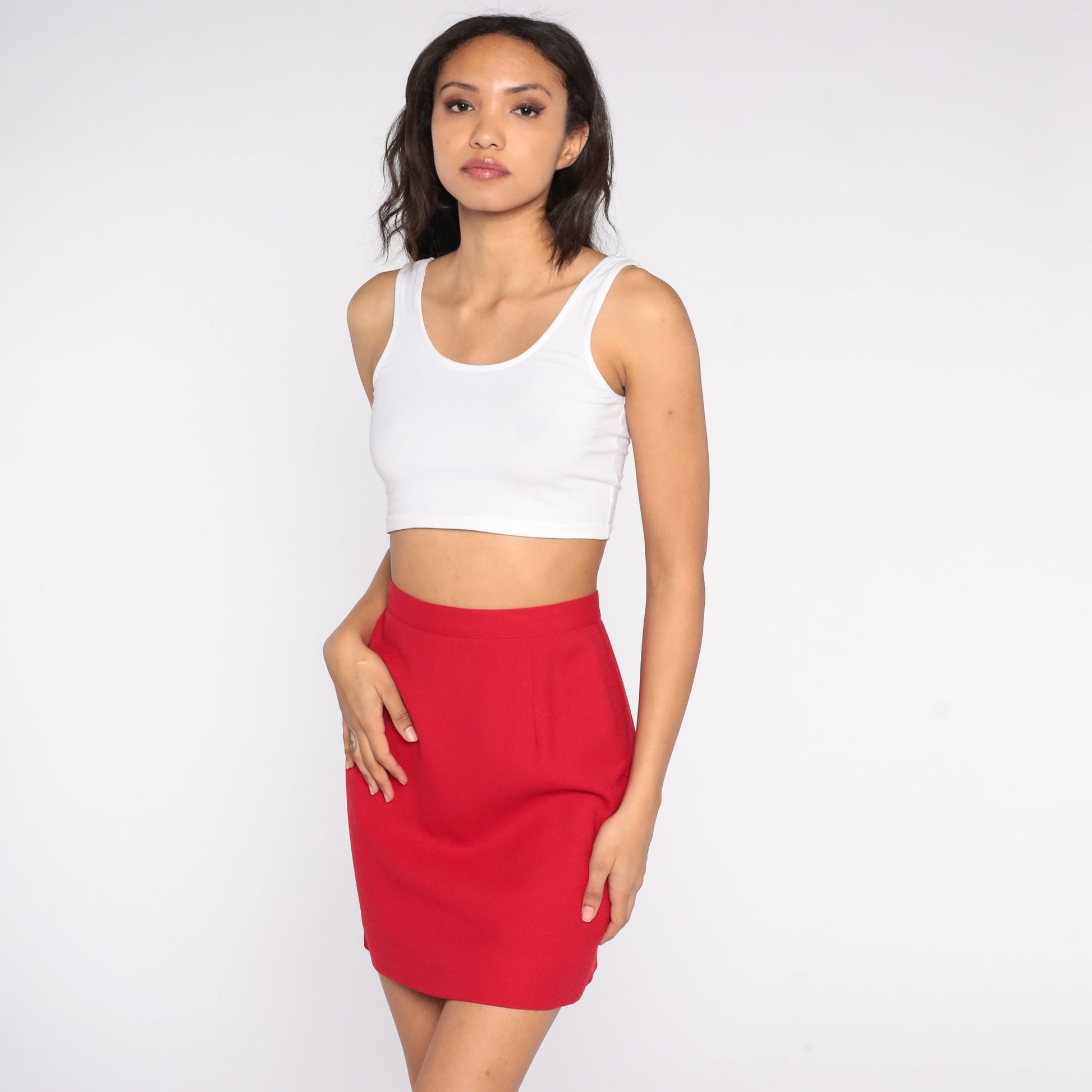 80s I Magnin Red Wool Pencil Skirt High Waist Mini Small
