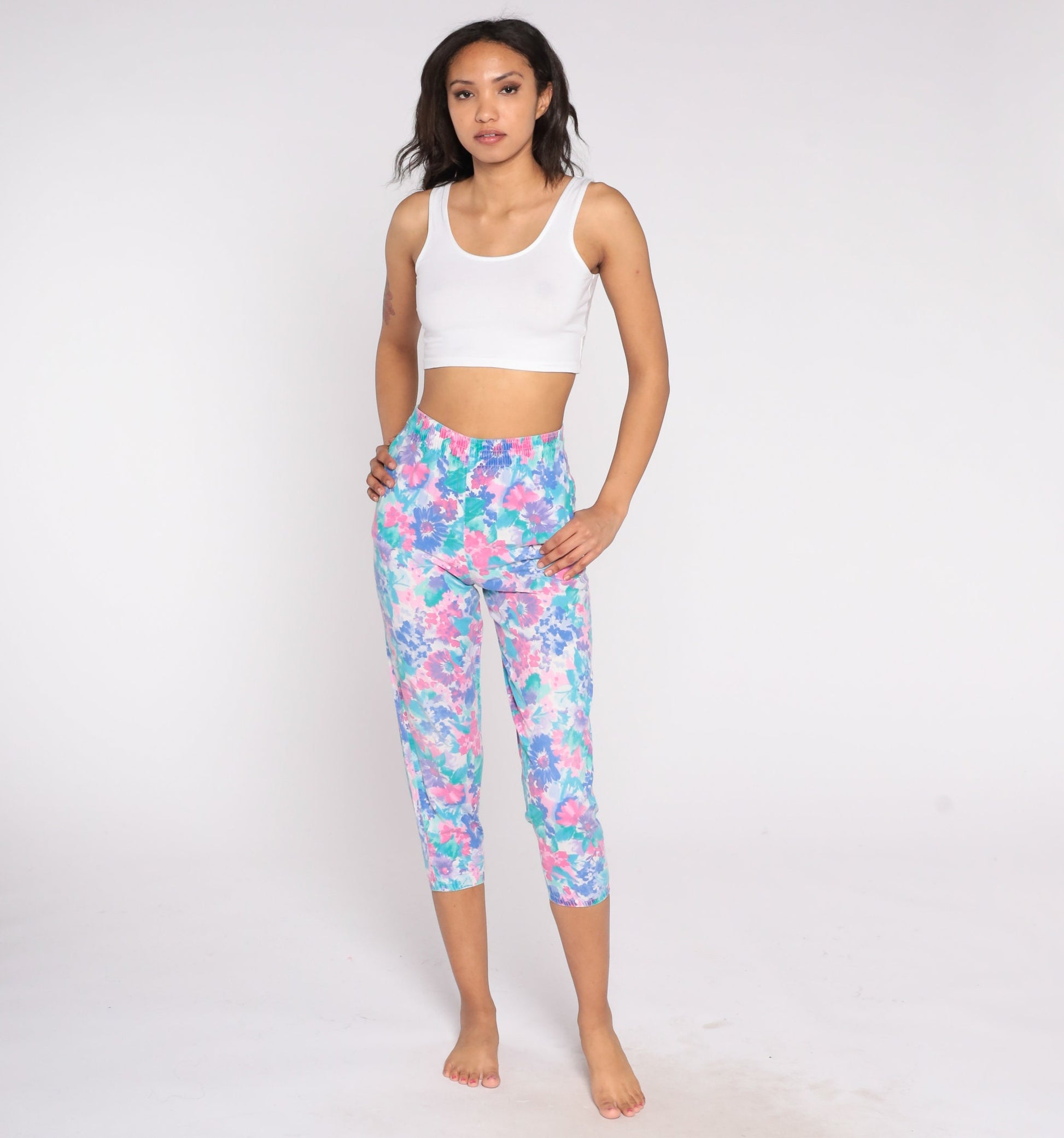 90s Floral Cropped Pants High Waist Elastic Cotton Lounge Capris Extra Small