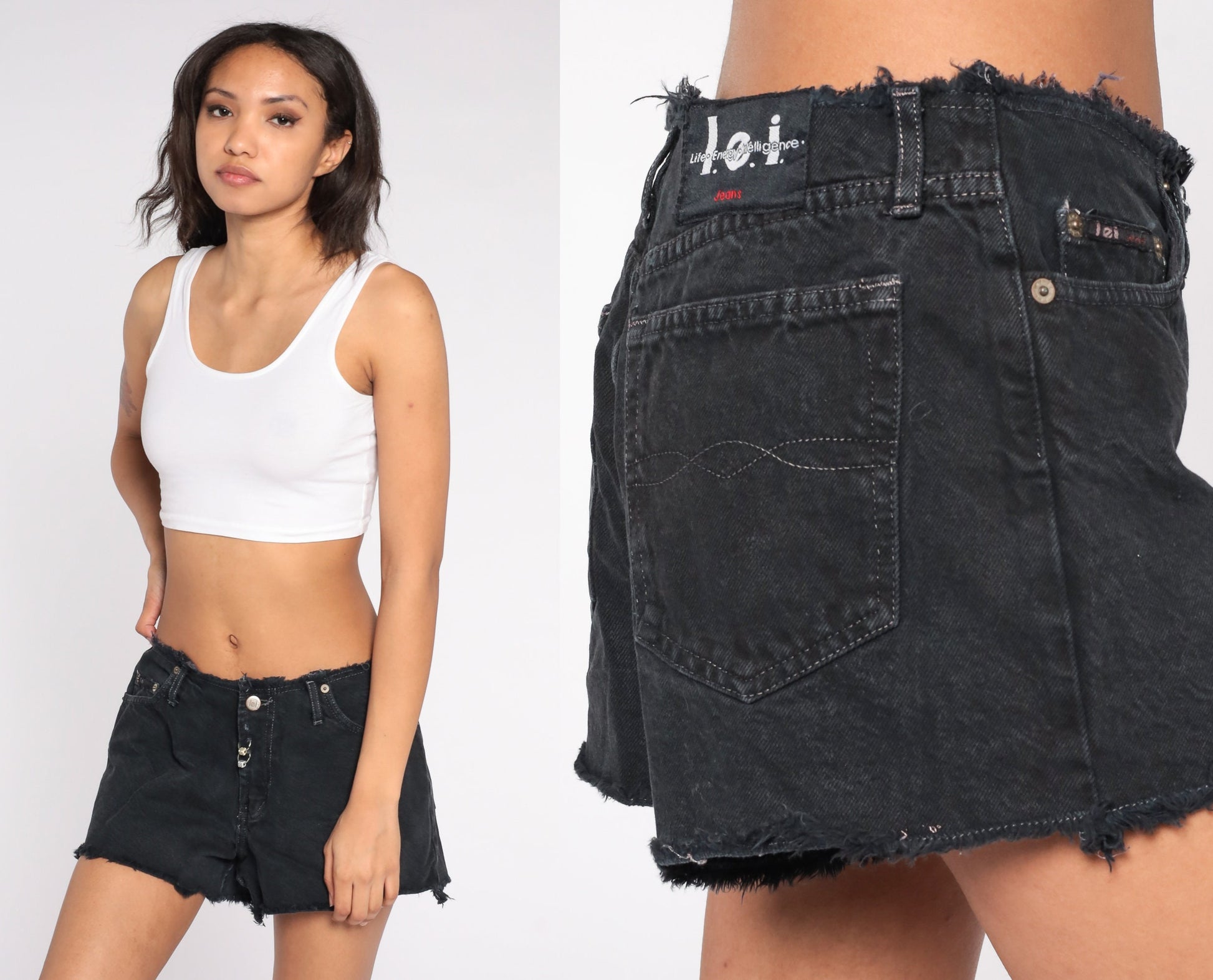 Y2K LEI Black Denim Cutoff Shorts Flower Bead Mid Rise Medium M